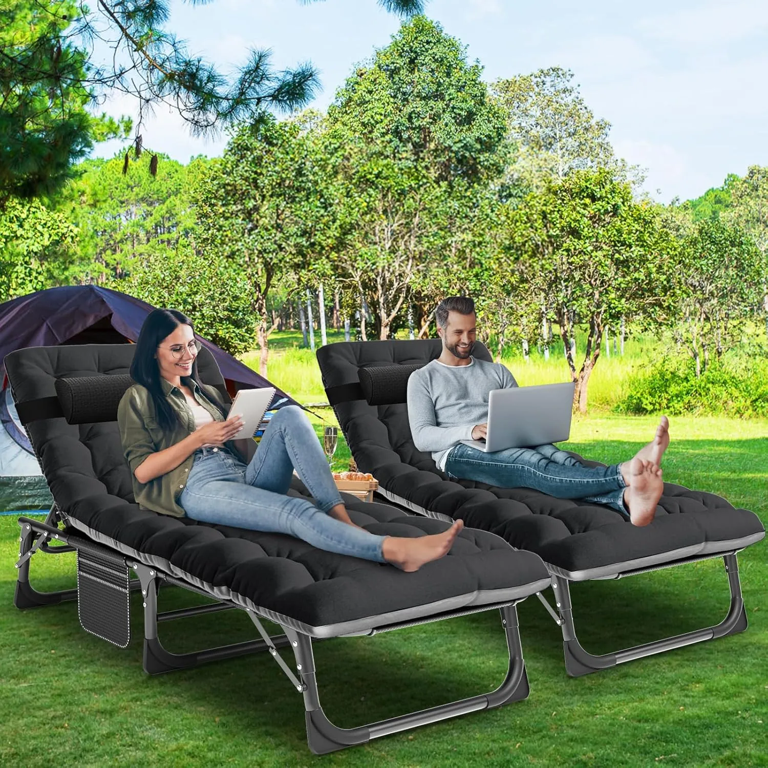 LILYPELLE Folding Lounge Chair with Mattress, 5 Position Adjustable Folding Cot Portable Outdoor Folding Chaise Lounge Chair for Outside, Sunbathing, Camping, Pool, Beach, Patio