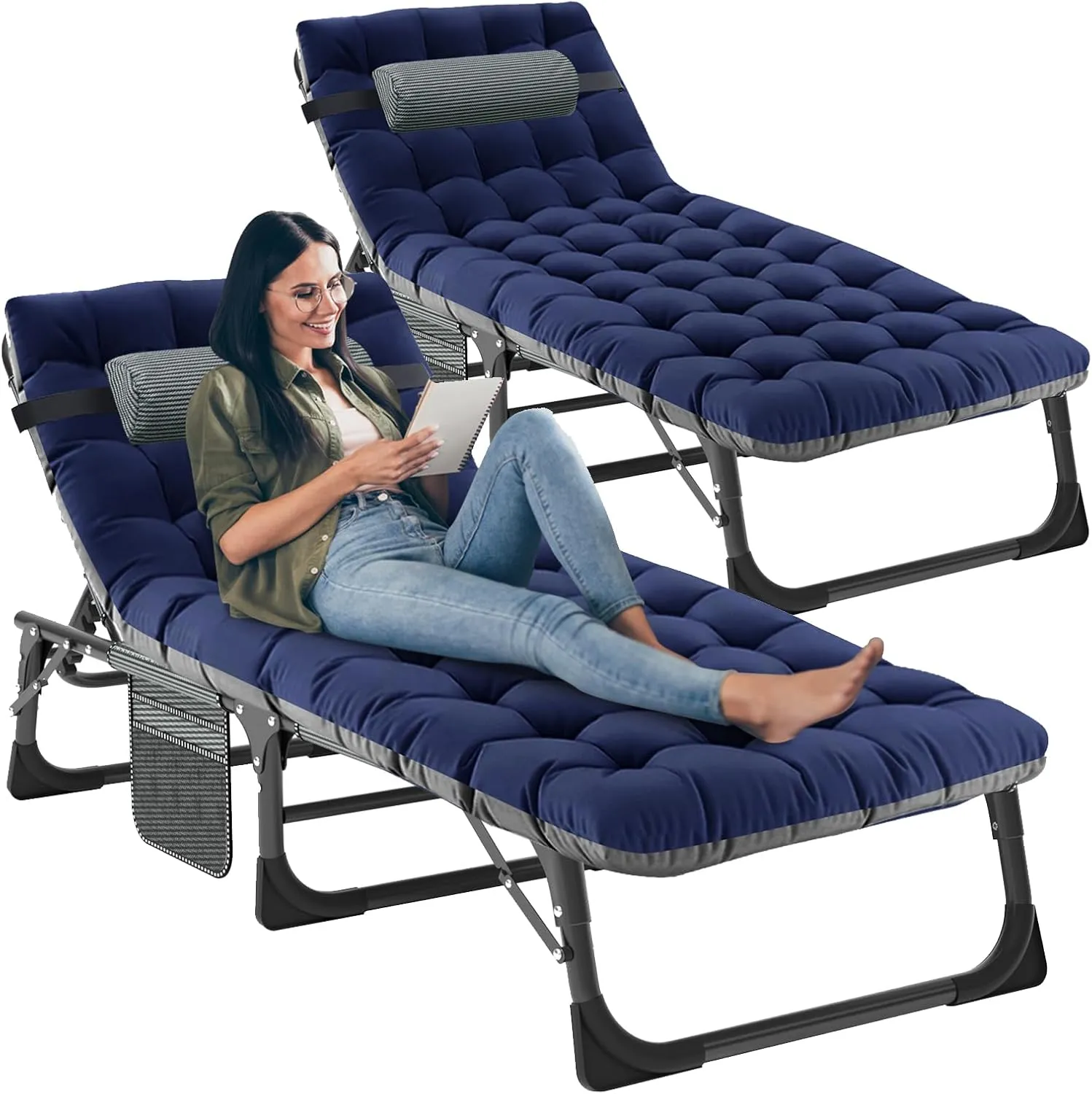 LILYPELLE Folding Lounge Chair with Mattress, 5 Position Adjustable Folding Cot Portable Outdoor Folding Chaise Lounge Chair for Outside, Sunbathing, Camping, Pool, Beach, Patio