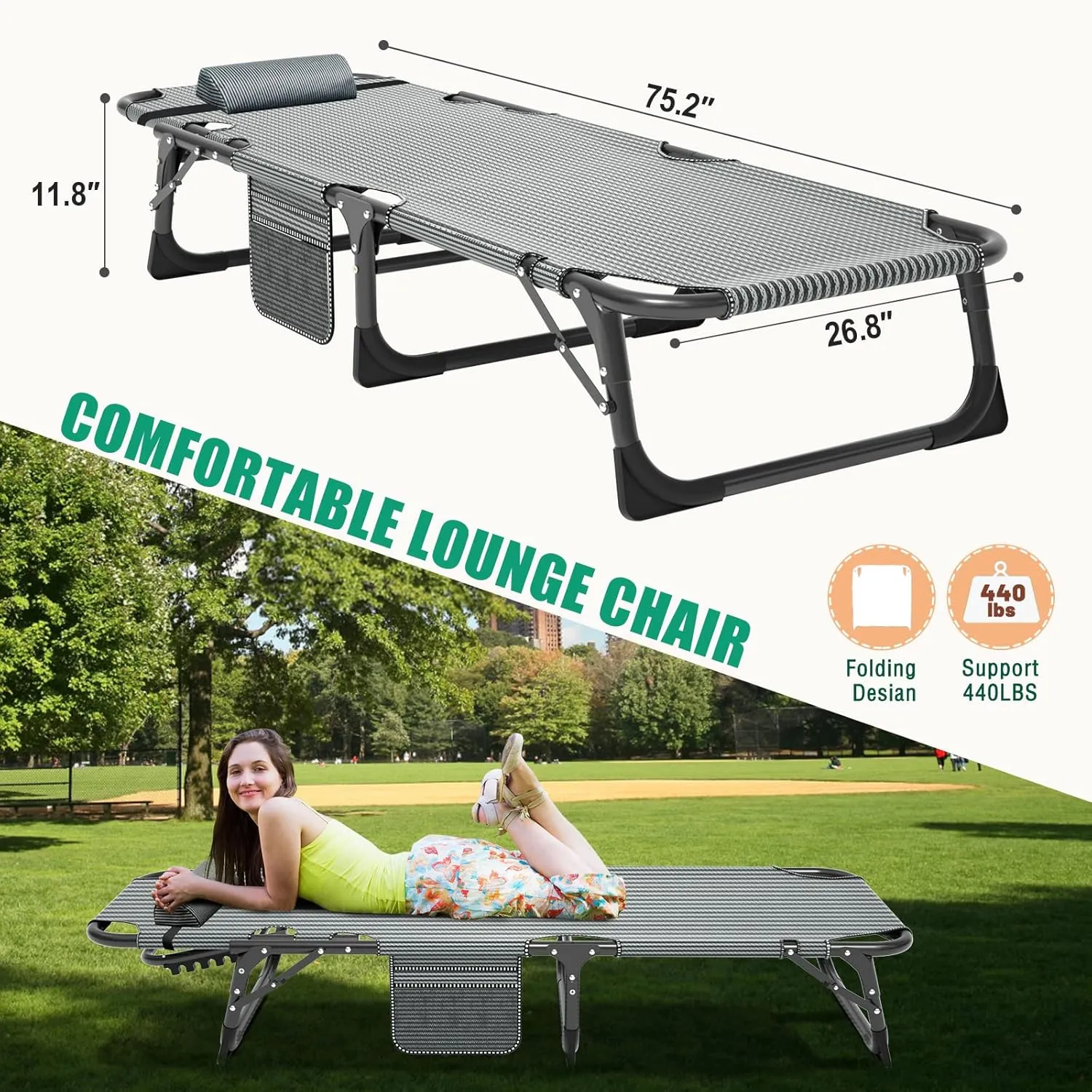 LILYPELLE Folding Lounge Chair with Mattress, 5 Position Adjustable Folding Cot Portable Outdoor Folding Chaise Lounge Chair for Outside, Sunbathing, Camping, Pool, Beach, Patio