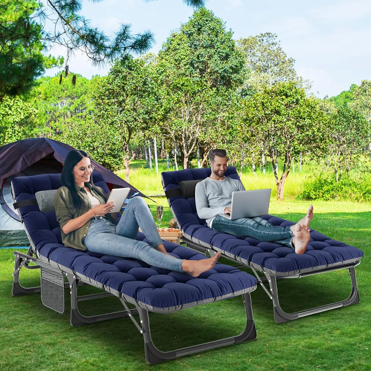 LILYPELLE Folding Lounge Chair with Mattress, 5 Position Adjustable Folding Cot Portable Outdoor Folding Chaise Lounge Chair for Outside, Sunbathing, Camping, Pool, Beach, Patio