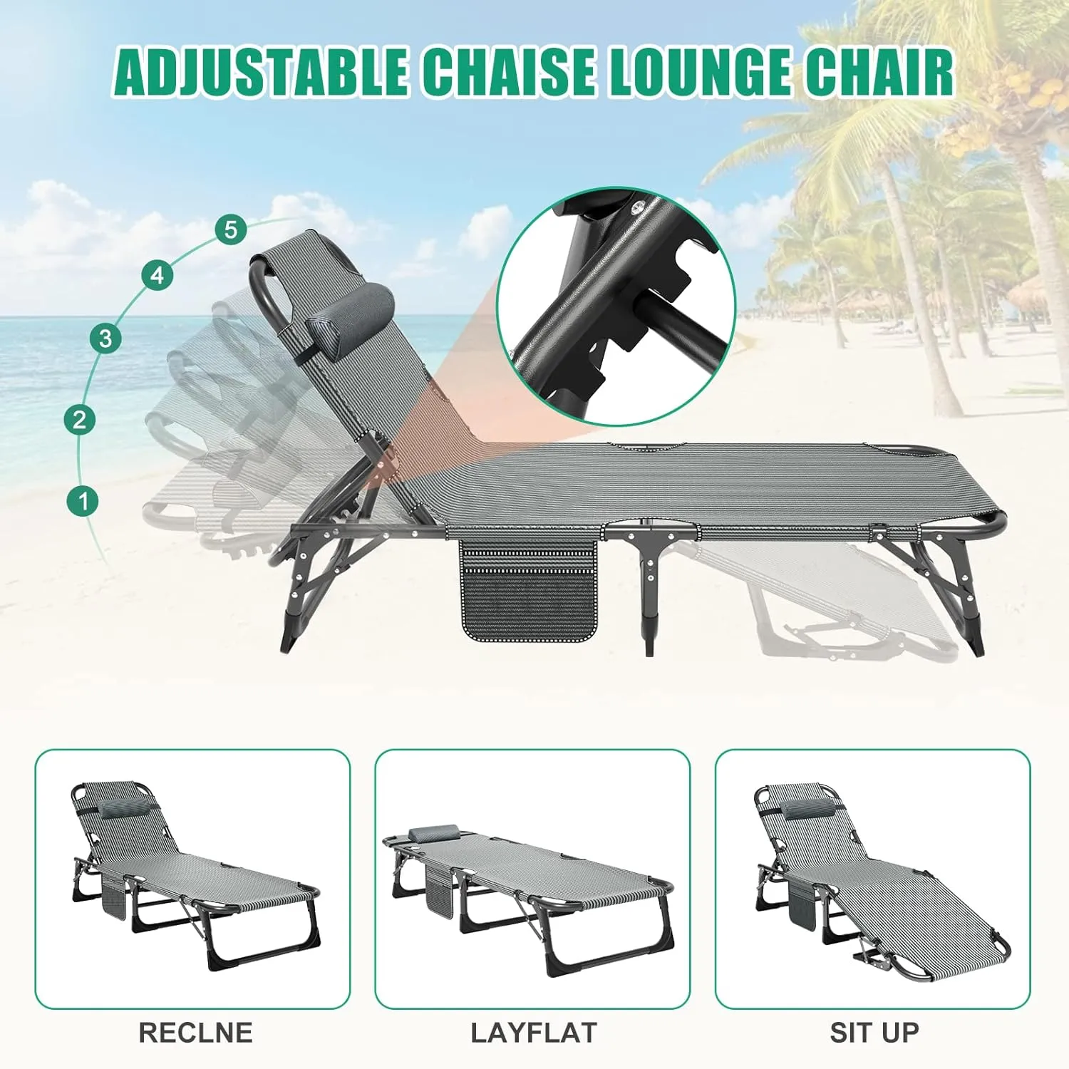 LILYPELLE Folding Lounge Chair with Mattress, 5 Position Adjustable Folding Cot Portable Outdoor Folding Chaise Lounge Chair for Outside, Sunbathing, Camping, Pool, Beach, Patio
