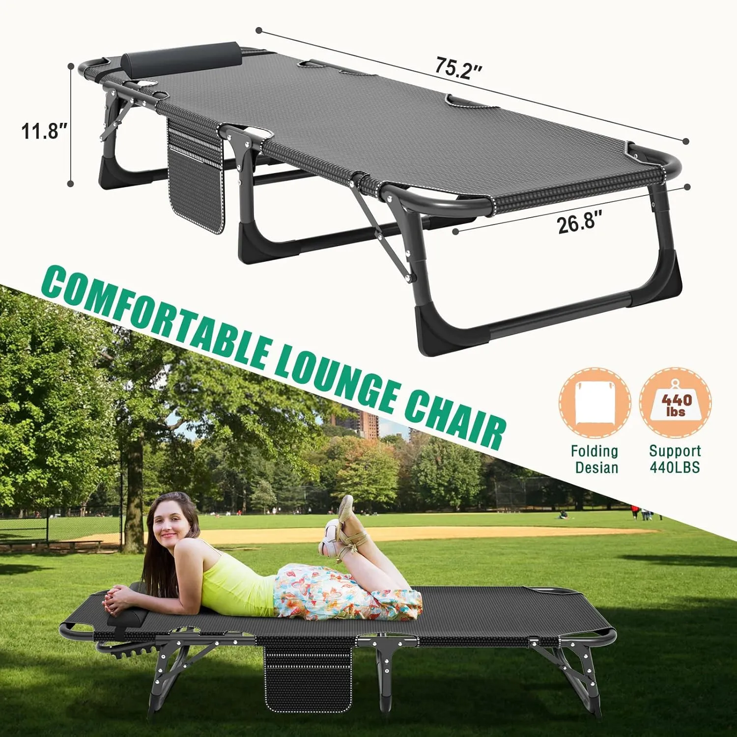 LILYPELLE Folding Outside Chaise Lounge Chair with Mattress, 5 Position Adjustable Patio Folding Lounge Chair Reclining Chairs Perfect for Outside, Sunbathing, Camping, Pool, Beach, Patio, Cool Black