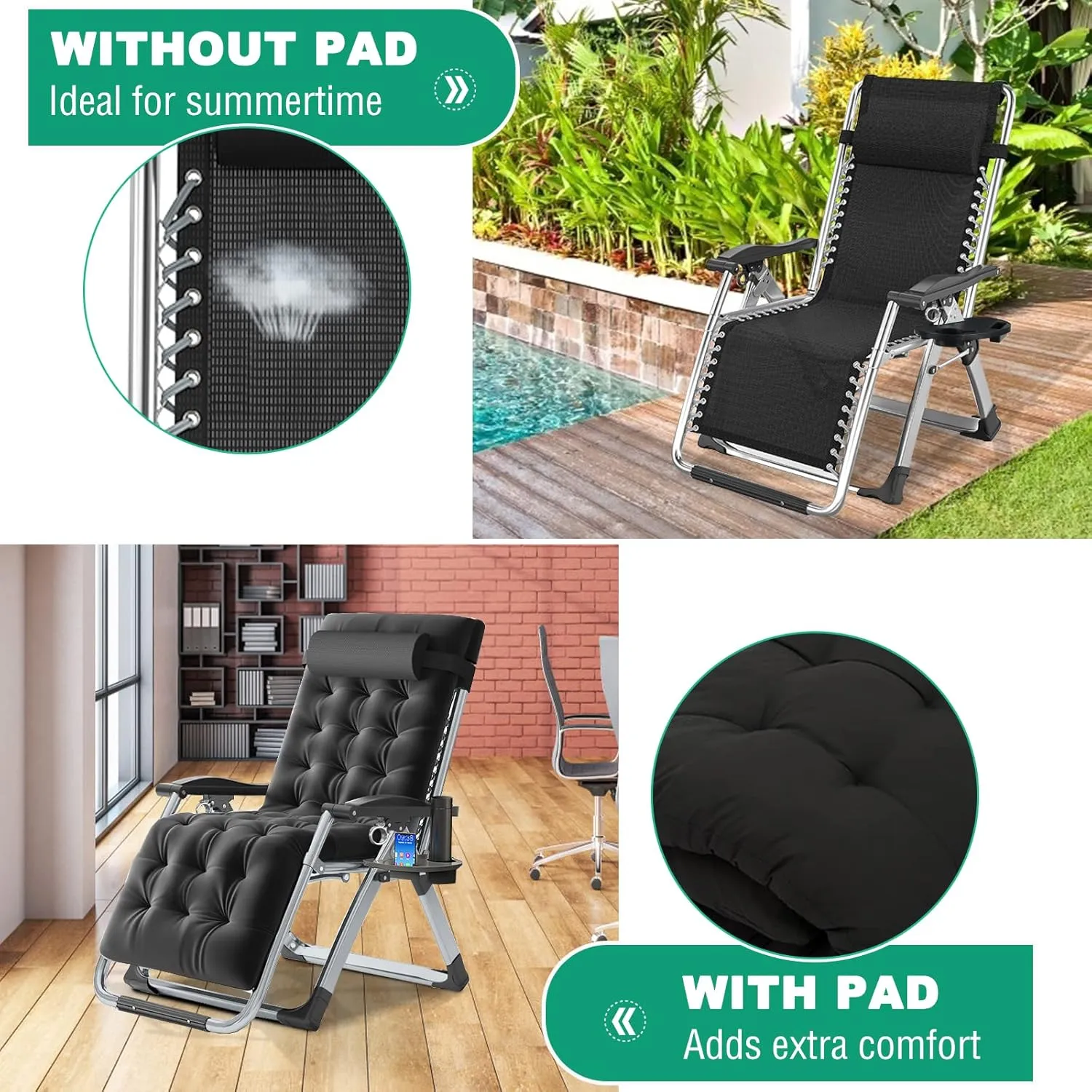 LILYPELLE Zero Gravity Chair, Premium Lawn Recliner Folding Portable Chaise Lounge with Detachable Cushion, Headrest and Cup Holder, Reclining Patio Lounger Chair