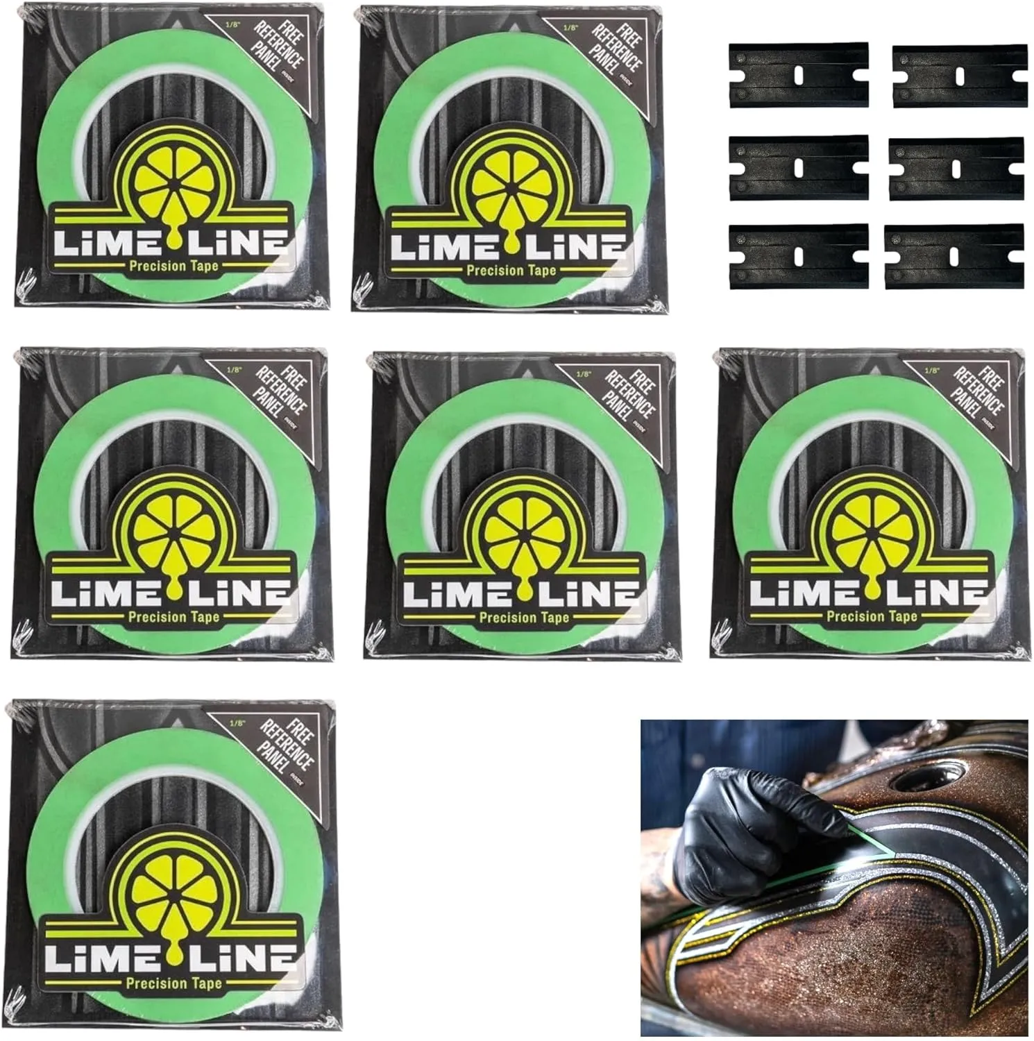 LiME LiNE Ultimate Fineline Striping Tape Pack, 3 Rolls 1/8", 2 Rolls 1/16", 1 roll 1/4" with Bonus Tape Removal Blades