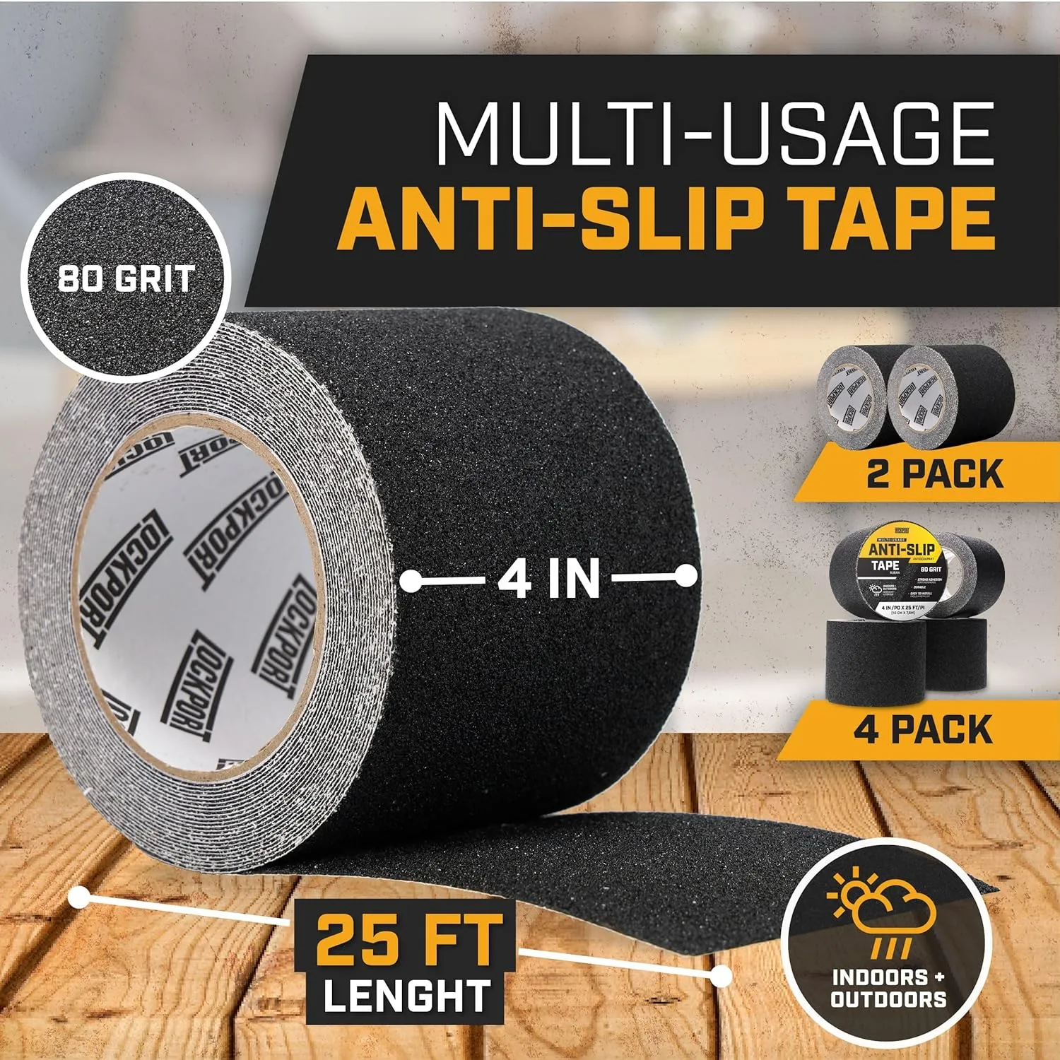 Lockport Anti Slip Tape - Heavy Duty Black Grip Tape for Stairs, 4” x 50ft for Stair Treads Non Slip Outdoor/Indoor - Traction for Ramps and Steps