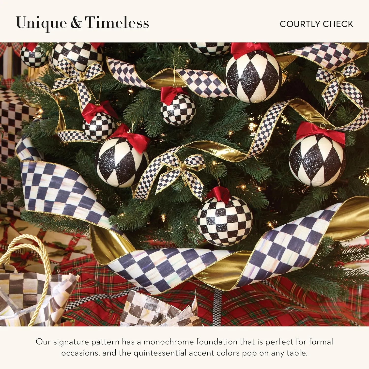 MACKENZIE-CHILDS Ribbon, Wired Ribbon for Christmas Gift-Wrapping and Decor, 2" Wide, Black-and-White Courtly Check
