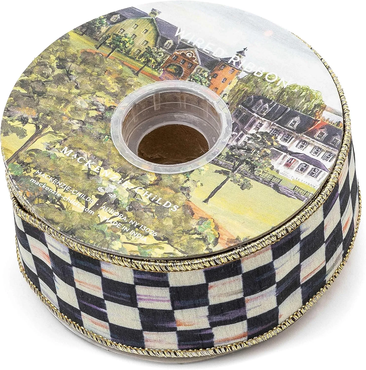 MACKENZIE-CHILDS Ribbon, Wired Ribbon for Christmas Gift-Wrapping and Decor, 2" Wide, Black-and-White Courtly Check