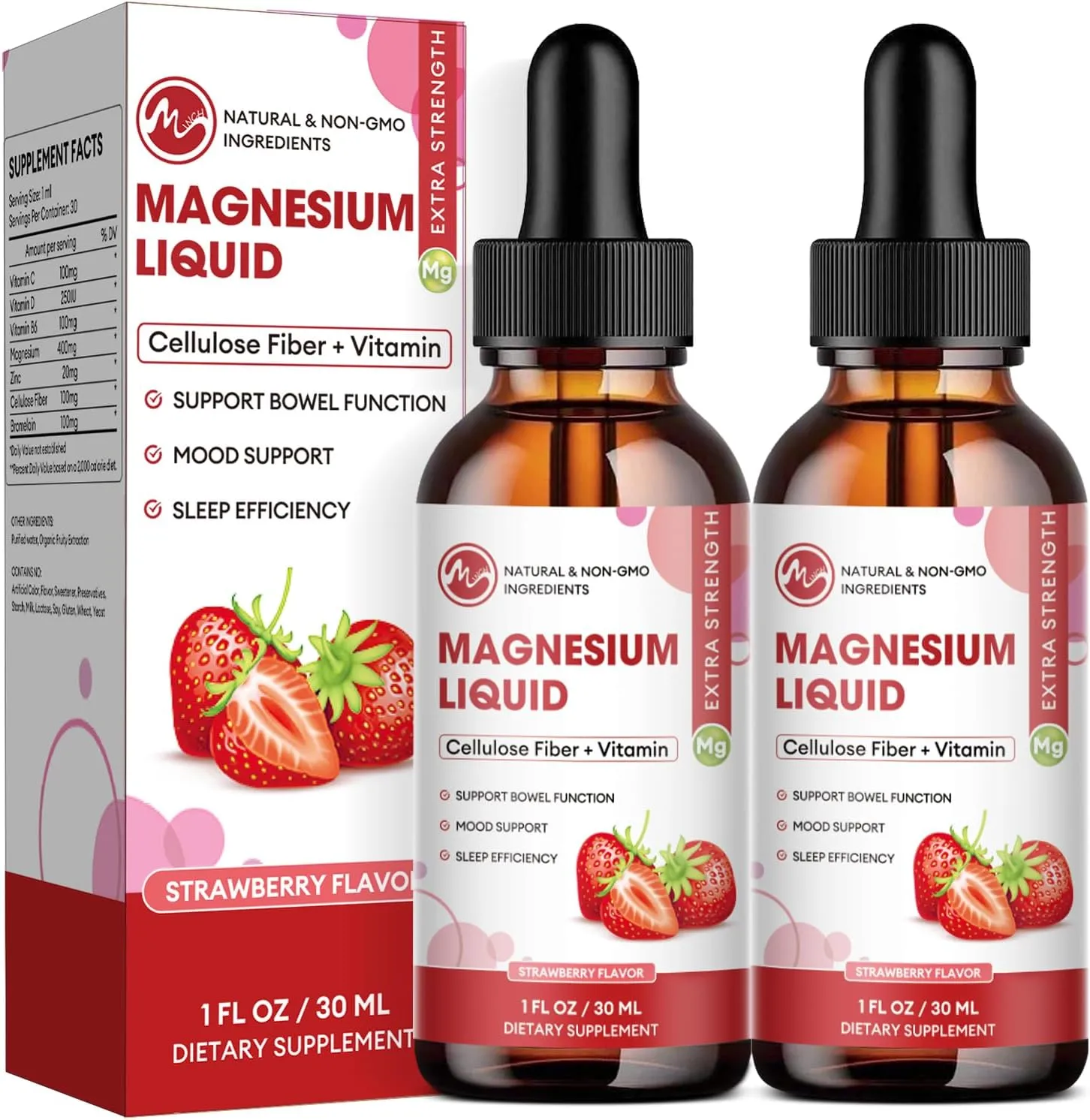 Magnesium Glycinate Liquid, High Absorption Magnesium Liquid Drops with Cellulose Fiber, Bromelain, Vitamin B6, C, D, Zinc, Magnesium Supplement for Kids and Adults, Strawberry Flavor, 2 Pack