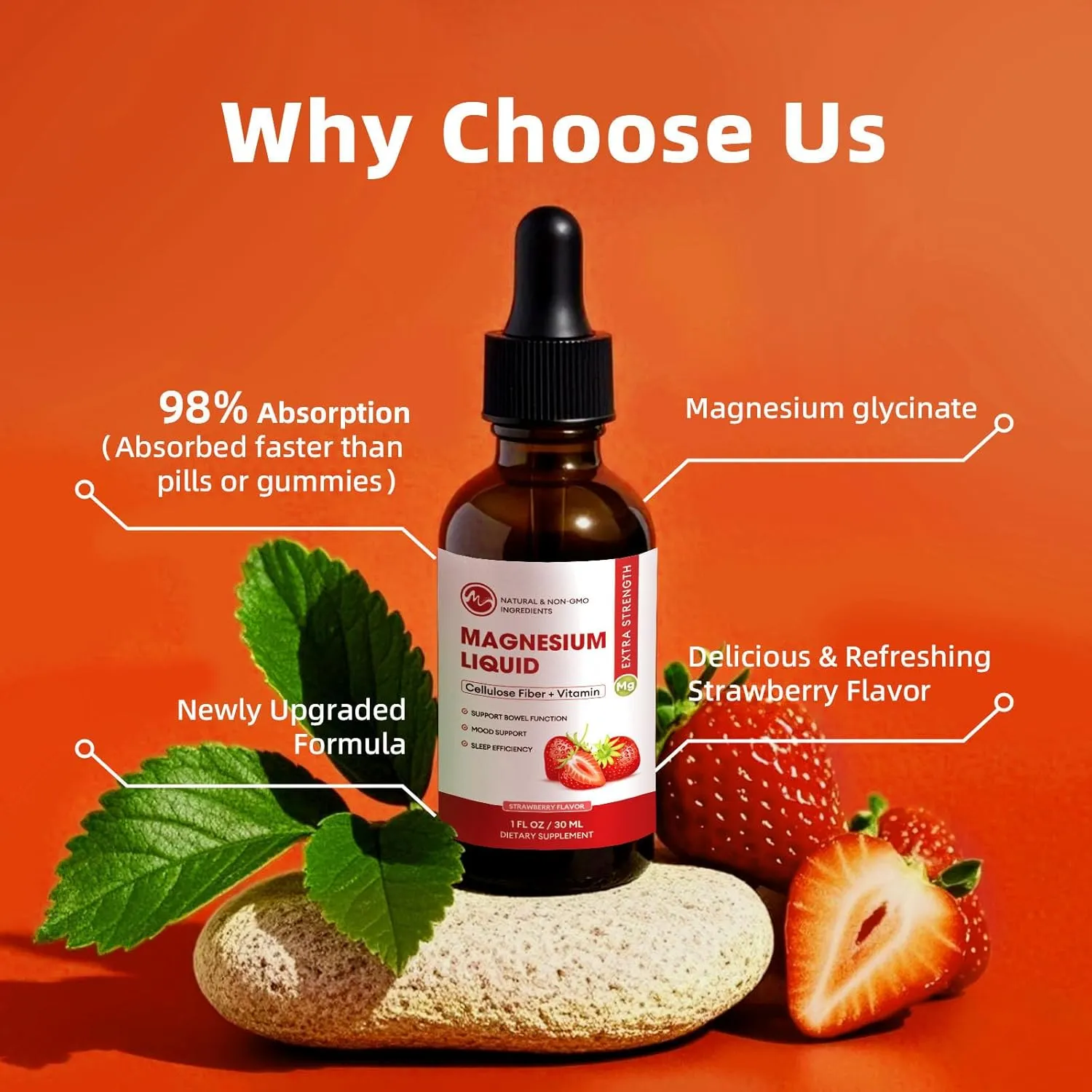 Magnesium Glycinate Liquid, High Absorption Magnesium Liquid Drops with Cellulose Fiber, Bromelain, Vitamin B6, C, D, Zinc, Magnesium Supplement for Kids and Adults, Strawberry Flavor, 2 Pack