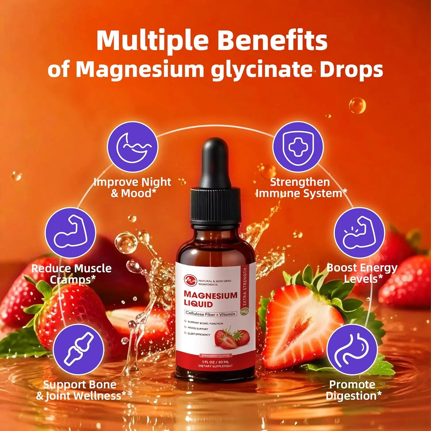 Magnesium Glycinate Liquid, High Absorption Magnesium Liquid Drops with Cellulose Fiber, Bromelain, Vitamin B6, C, D, Zinc, Magnesium Supplement for Kids and Adults, Strawberry Flavor, 2 Pack