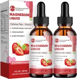 Magnesium Glycinate Liquid, High Absorption Magnesium Liquid Drops with Cellulose Fiber, Bromelain, Vitamin B6, C, D, Zinc, Magnesium Supplement for Kids and Adults, Strawberry Flavor, 2 Pack