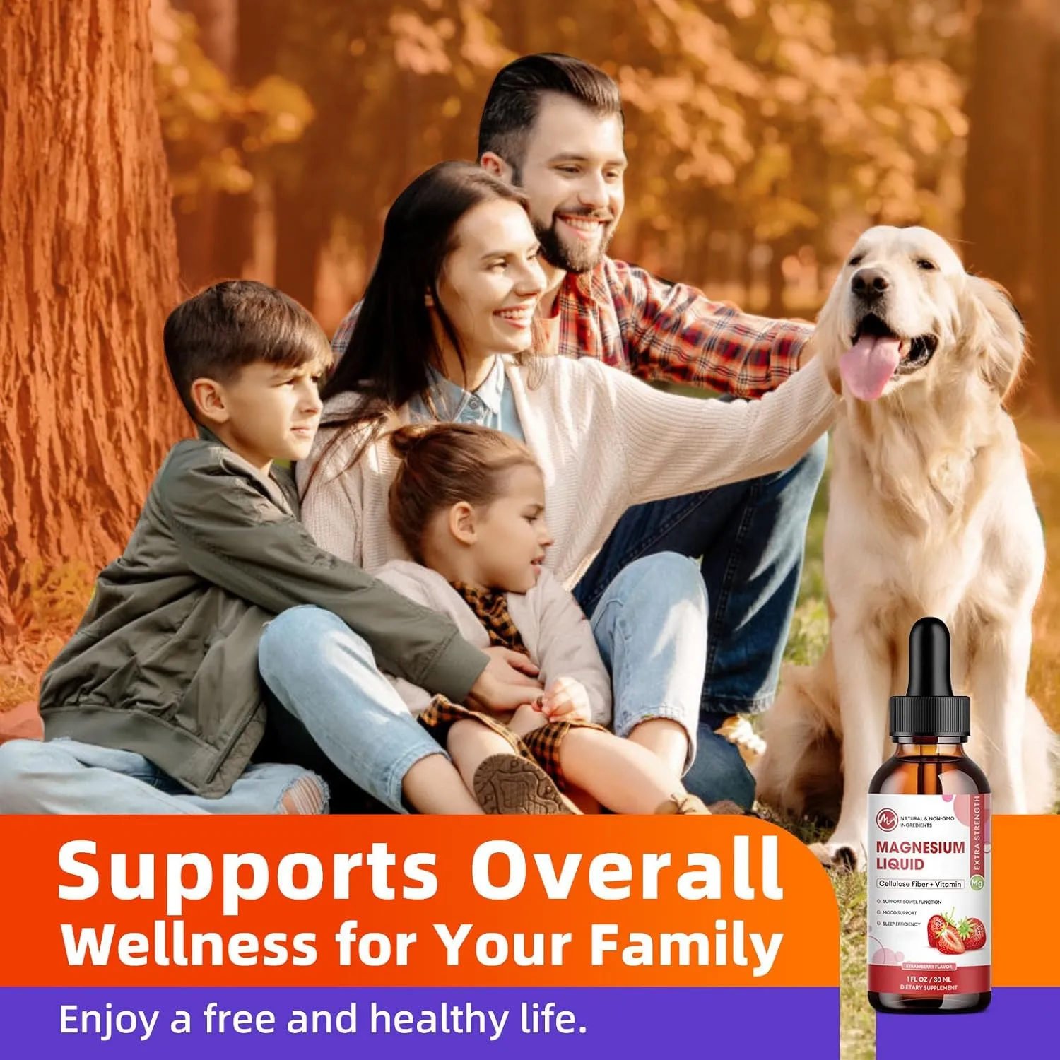 Magnesium Glycinate Liquid, High Absorption Magnesium Liquid Drops with Cellulose Fiber, Bromelain, Vitamin B6, C, D, Zinc, Magnesium Supplement for Kids and Adults, Strawberry Flavor, 2 Pack