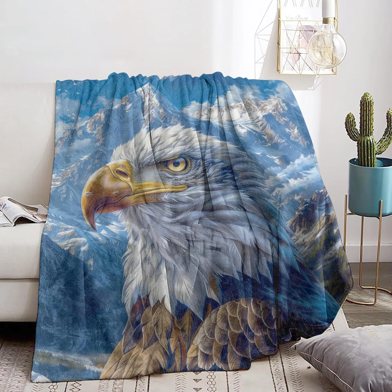 Majestic Bald Eagle & Mountain Blanket - Ultra Soft & Cozy Flannel Snow-Capped Peaks Throw Blankets, Lightweight, Warm & Fuzzy, for Couch, Bed, Travel & Outdoor, for Men Women Adults 60"x50"
