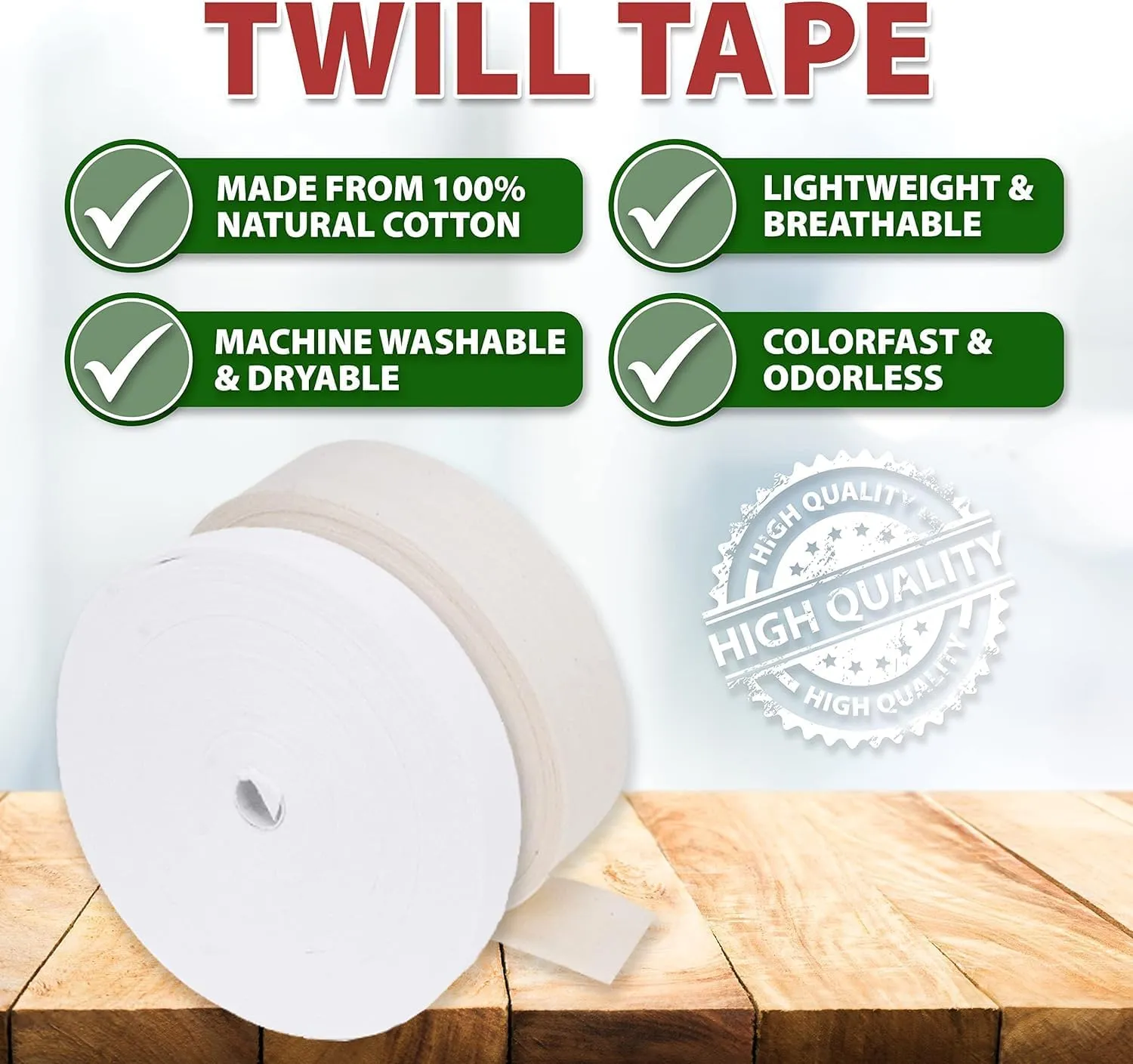 Mandala Crafts White Cotton Twill Tape Ribbon - 1/4 Inch Wide 50 Yards Herringbone Bias Tape for Sewing, Seam Binding, Ribbon Trim, and Natural Cotton Webbing
