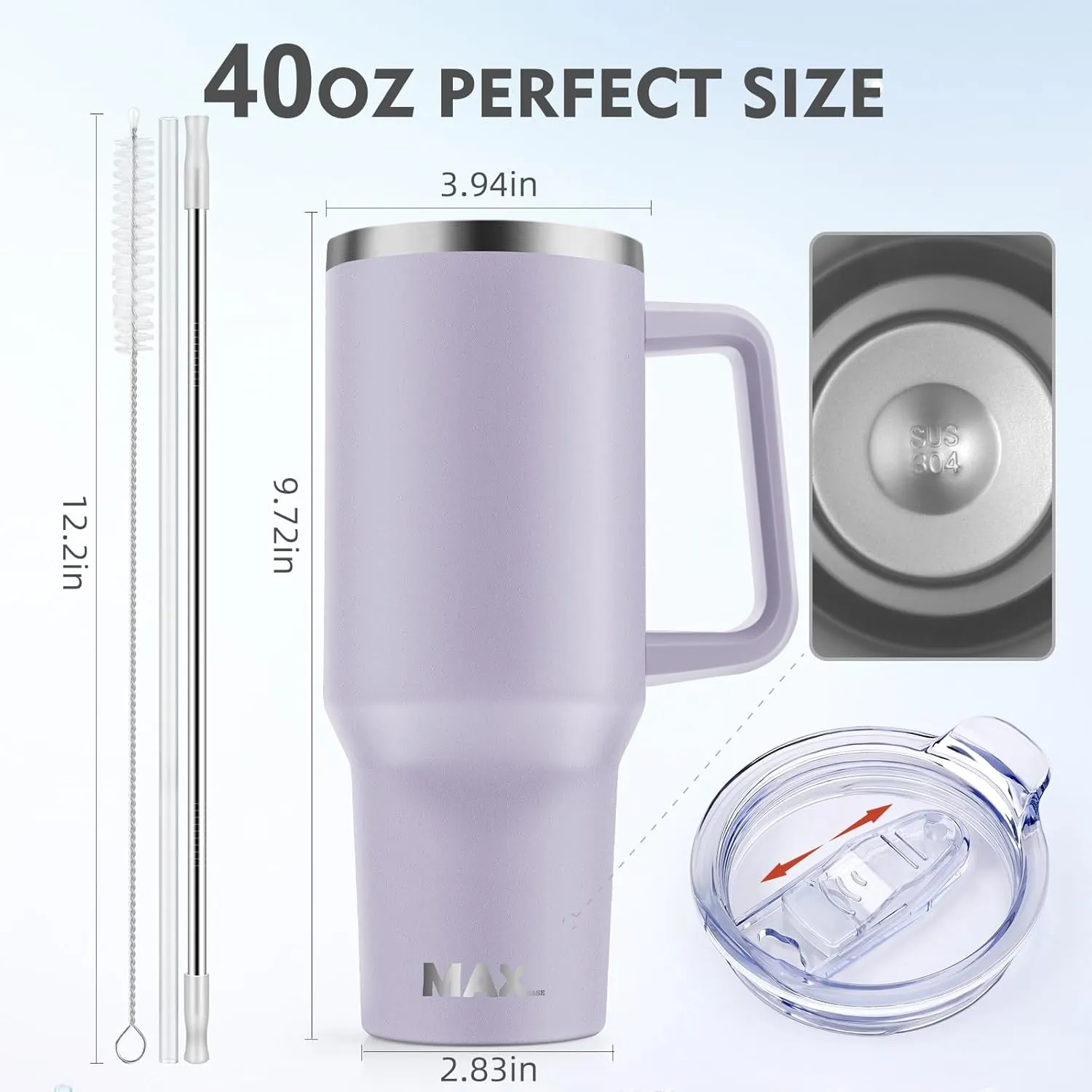 MaxBase 40 Oz Tumbler with Handle and Straw Lid, Insulated Reusable Stainless Steel Travel Mug Keeps Drinks Cold up to 34 Hours, 100% Leakproof Bottle (LightPurple)