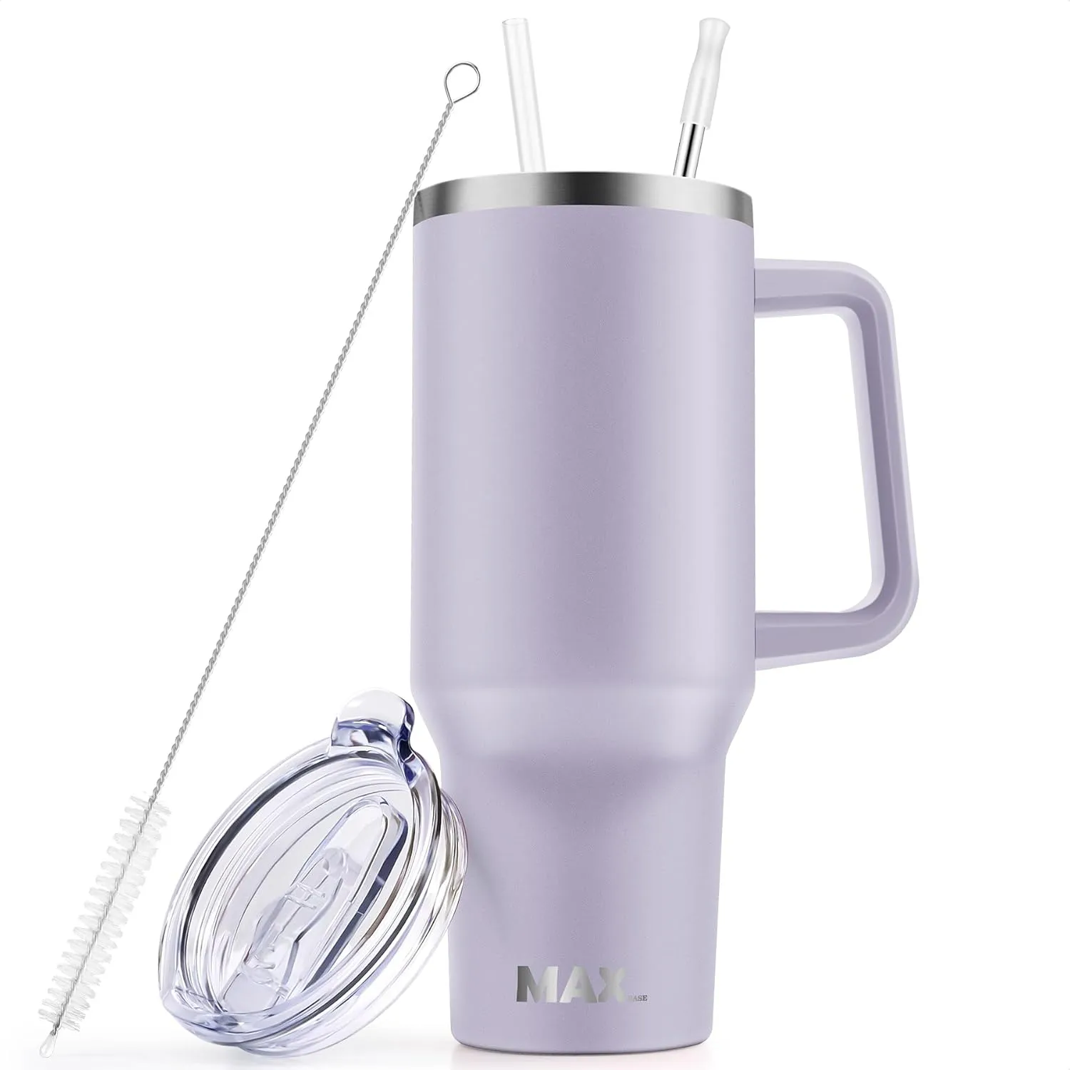 MaxBase 40 Oz Tumbler with Handle and Straw Lid, Insulated Reusable Stainless Steel Travel Mug Keeps Drinks Cold up to 34 Hours, 100% Leakproof Bottle (LightPurple)