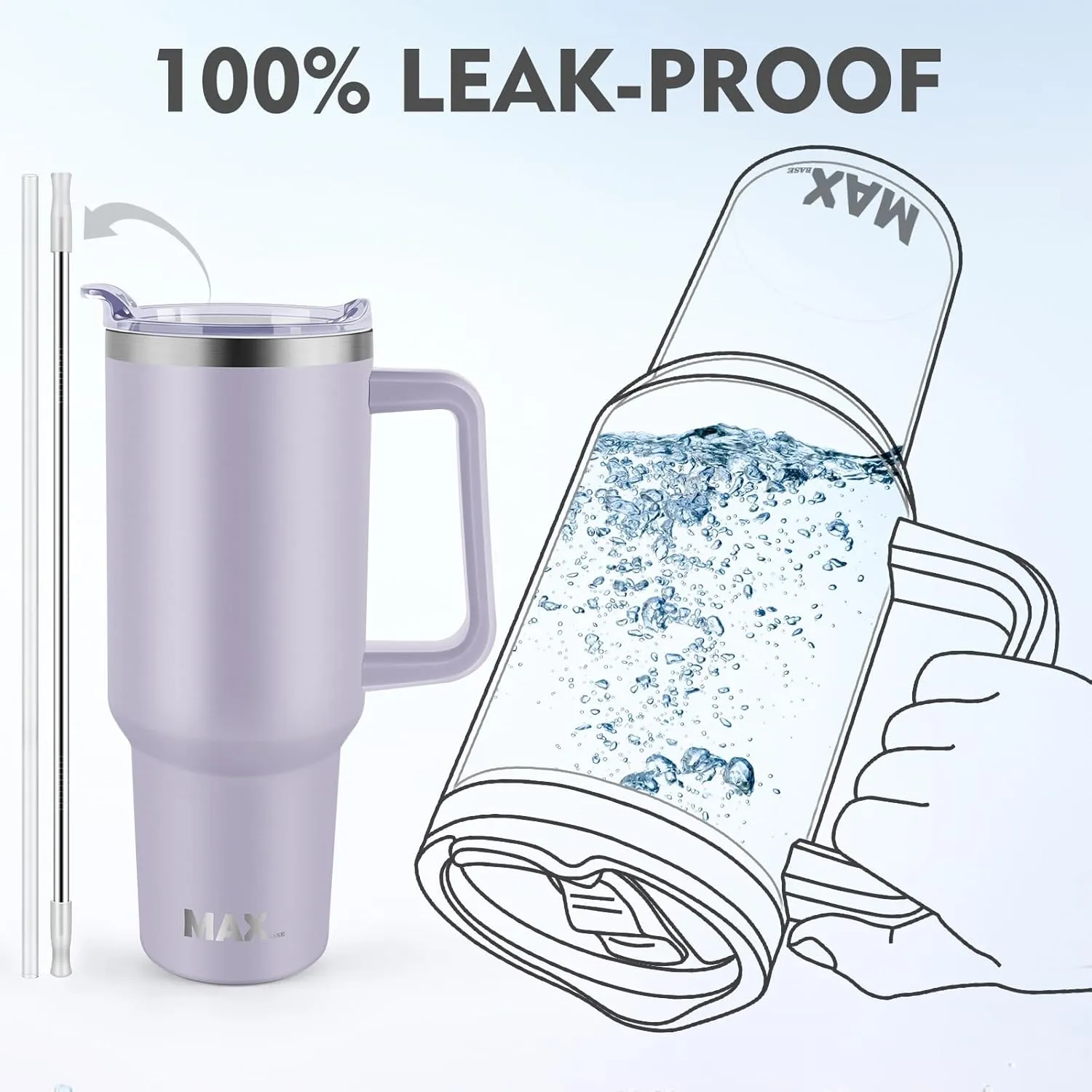 MaxBase 40 Oz Tumbler with Handle and Straw Lid, Insulated Reusable Stainless Steel Travel Mug Keeps Drinks Cold up to 34 Hours, 100% Leakproof Bottle (LightPurple)