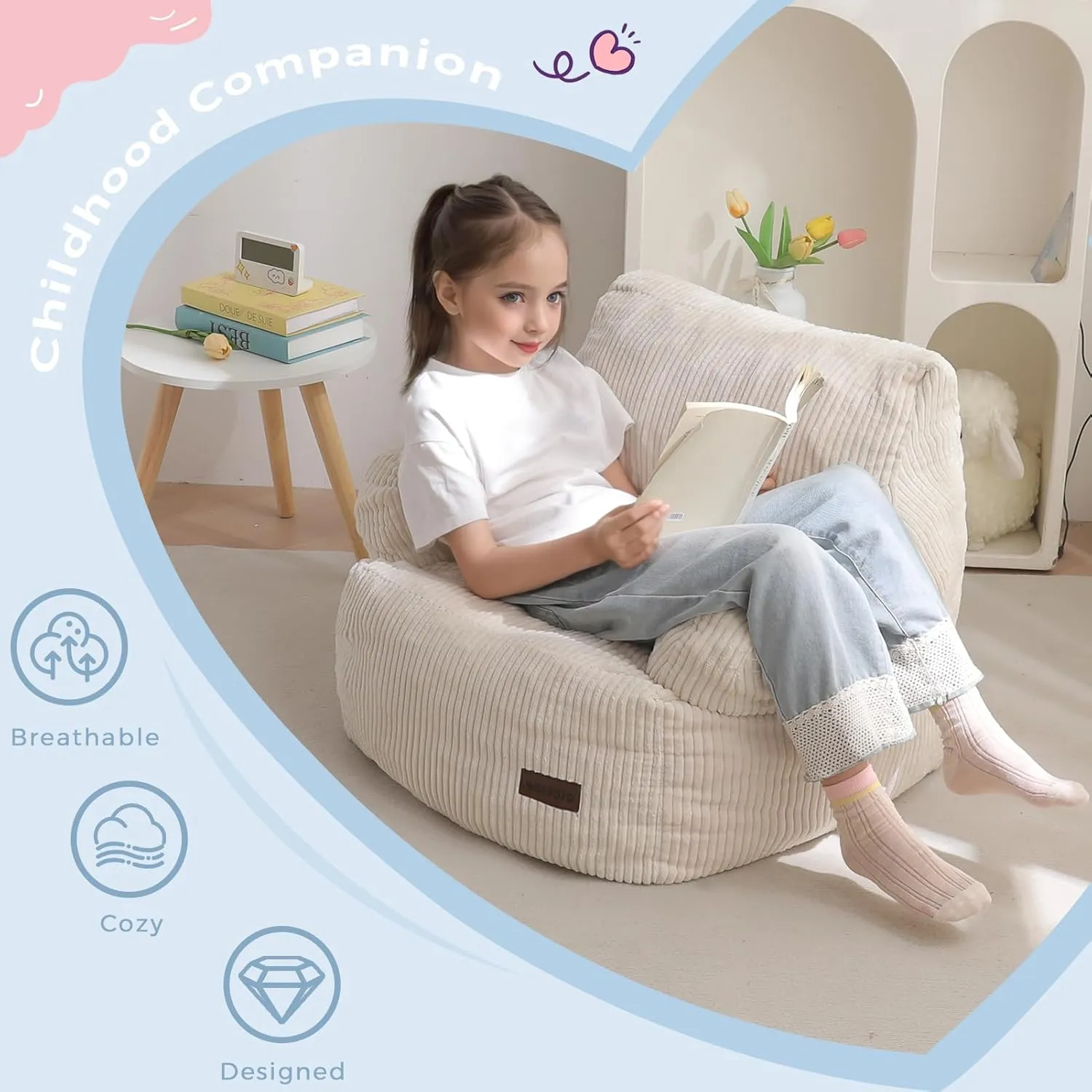 MAXYOYO Kids Bean Bag Chair, Stuffed Toddler Bean Bag Sofa with Filler Bean Bag Chair for Boys and Girls, Lazy Sofa with Pocket Floor Chair for Gaming, Reading, Beige
