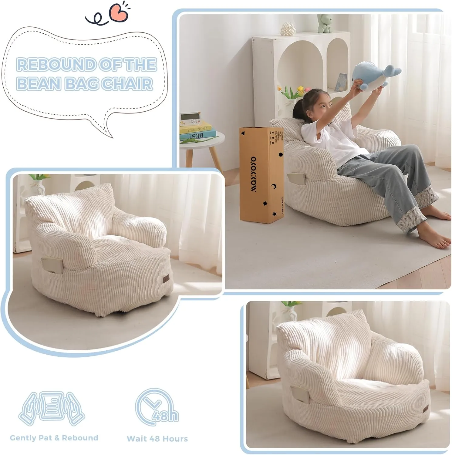 MAXYOYO Kids Bean Bag Chair, Stuffed Toddler Bean Bag Sofa with Filler Bean Bag Chair for Boys and Girls, Lazy Sofa with Pocket Floor Chair for Gaming, Reading, Beige
