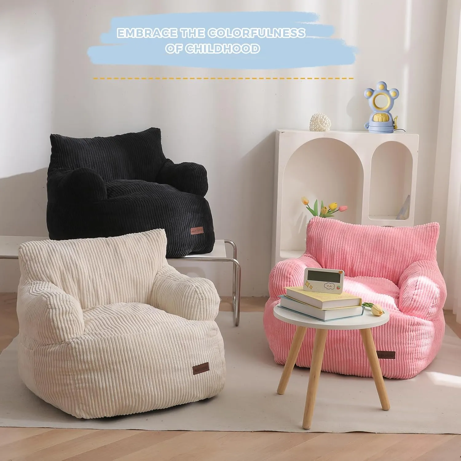MAXYOYO Kids Bean Bag Chair, Stuffed Toddler Bean Bag Sofa with Filler Bean Bag Chair for Boys and Girls, Lazy Sofa with Pocket Floor Chair for Gaming, Reading, Beige