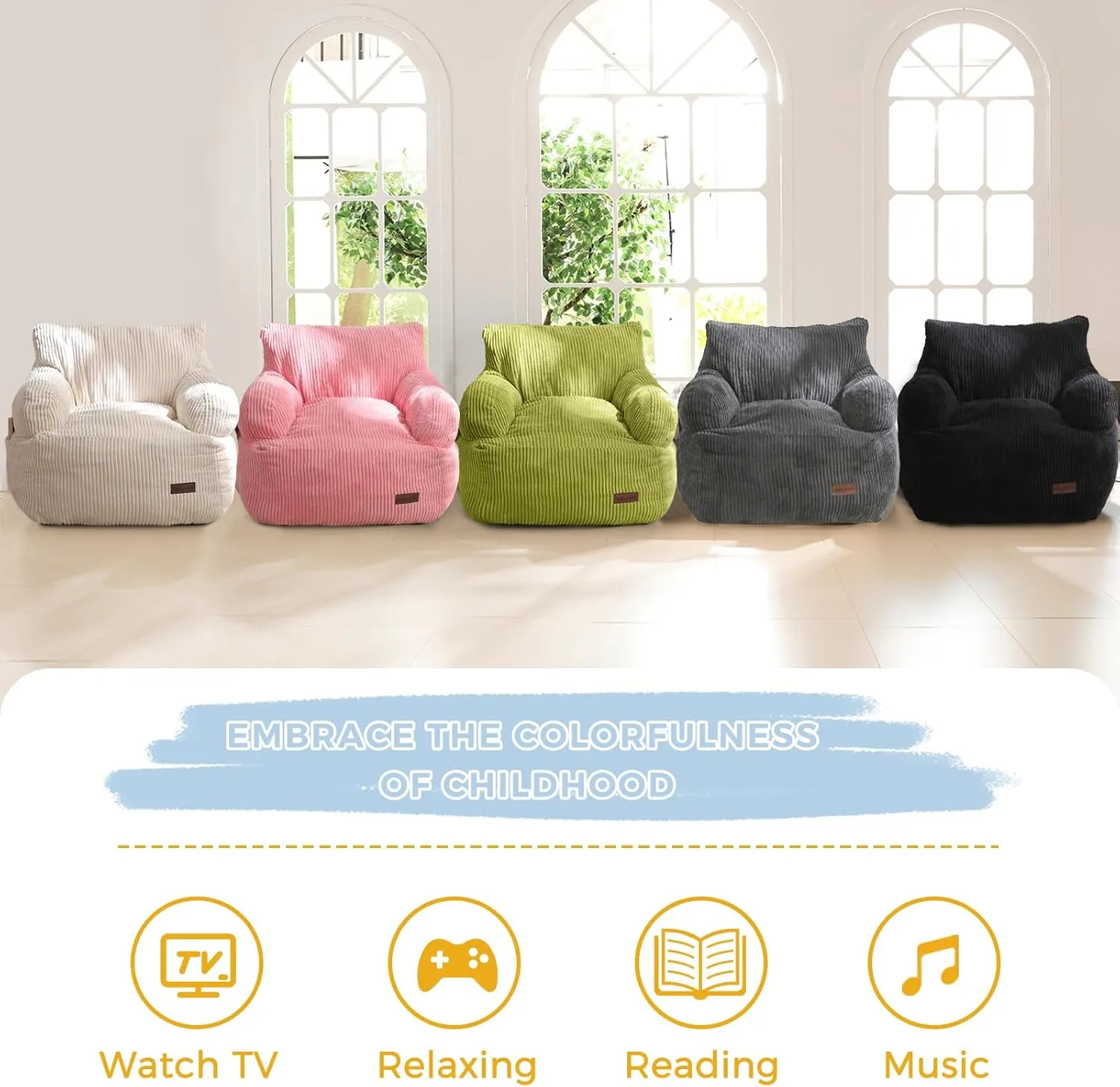 MAXYOYO Kids Bean Bag Chair, Stuffed Toddler Bean Bag Sofa with Filler Bean Bag Chair for Boys and Girls, Lazy Sofa with Pocket Floor Chair for Gaming, Reading, Dark Grey