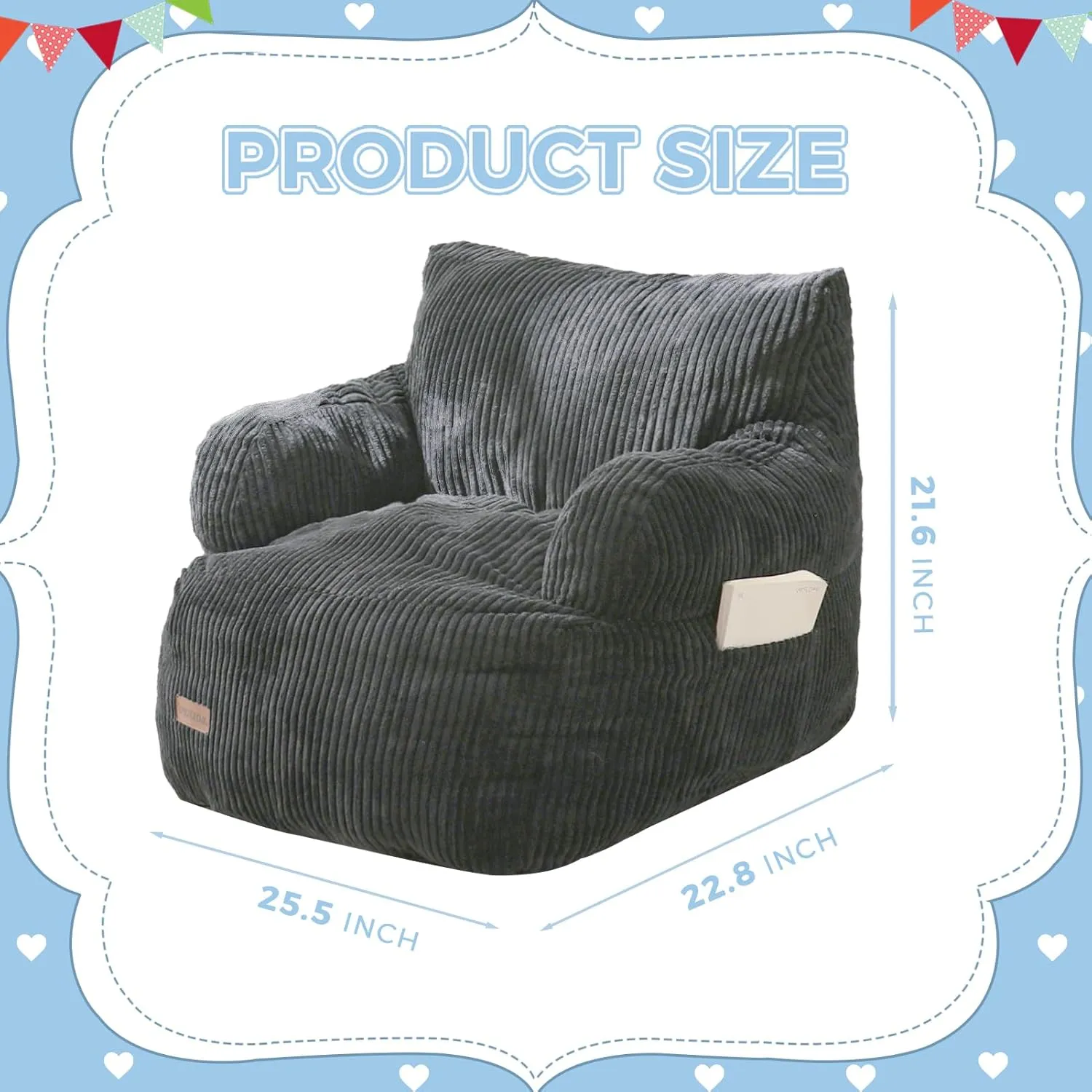 MAXYOYO Kids Bean Bag Chair, Stuffed Toddler Bean Bag Sofa with Filler Bean Bag Chair for Boys and Girls, Lazy Sofa with Pocket Floor Chair for Gaming, Reading, Dark Grey