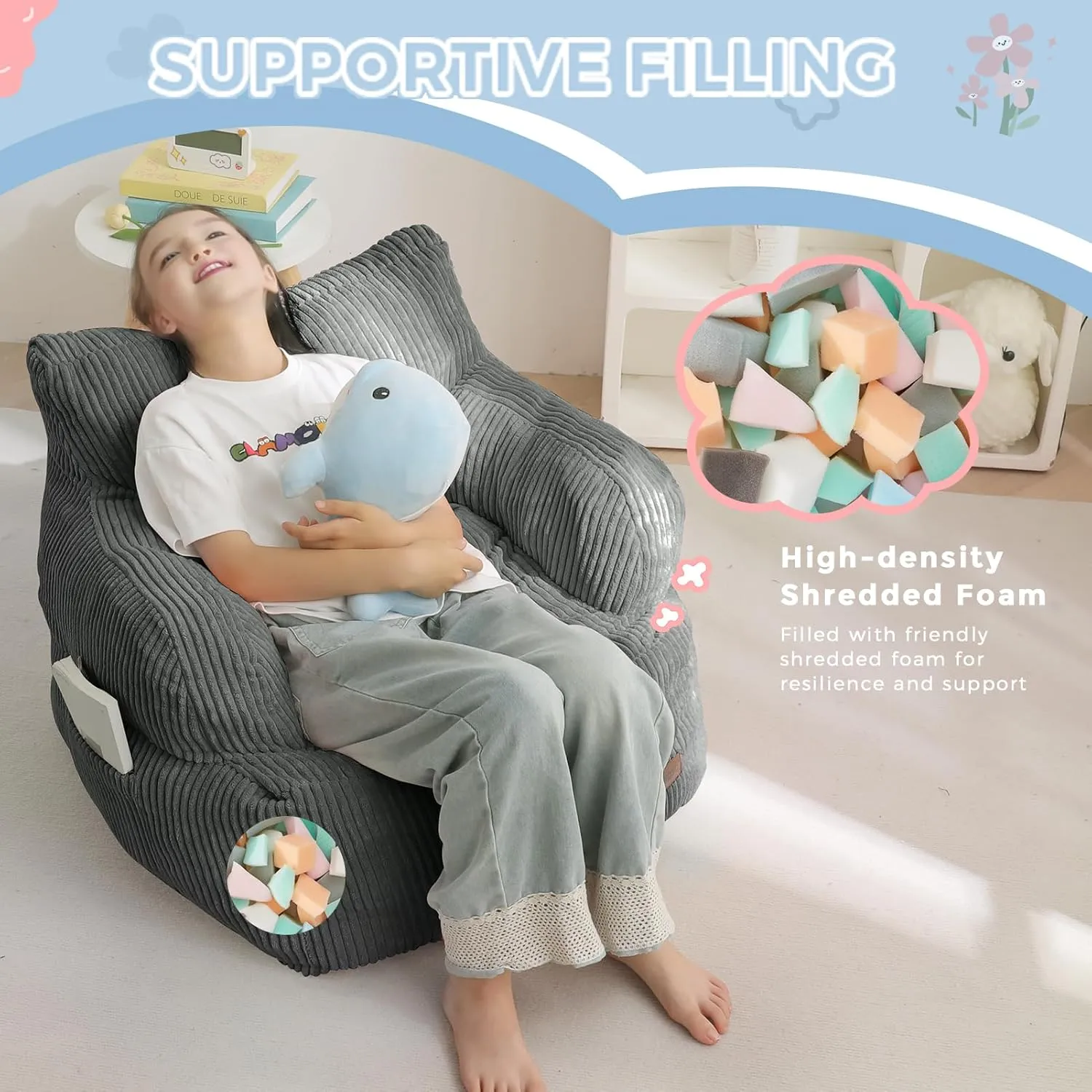 MAXYOYO Kids Bean Bag Chair, Stuffed Toddler Bean Bag Sofa with Filler Bean Bag Chair for Boys and Girls, Lazy Sofa with Pocket Floor Chair for Gaming, Reading, Dark Grey