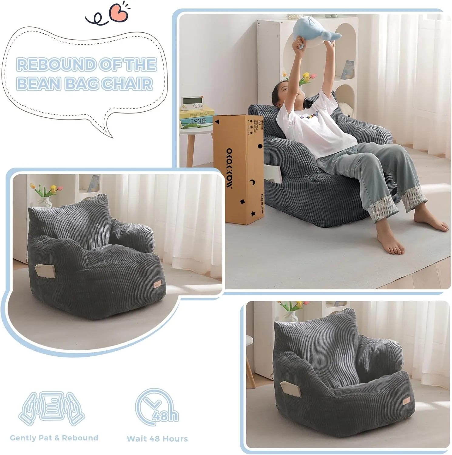 MAXYOYO Kids Bean Bag Chair, Stuffed Toddler Bean Bag Sofa with Filler Bean Bag Chair for Boys and Girls, Lazy Sofa with Pocket Floor Chair for Gaming, Reading, Dark Grey