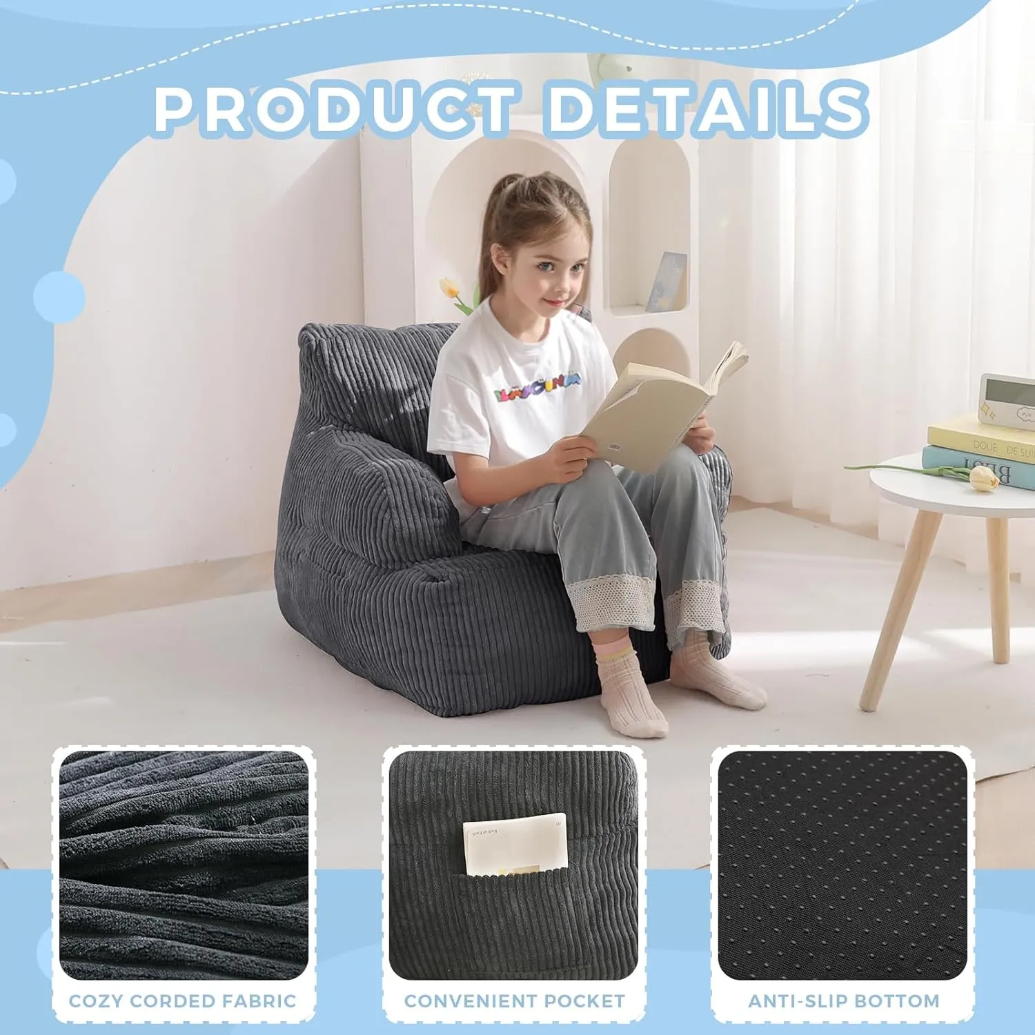 MAXYOYO Kids Bean Bag Chair, Stuffed Toddler Bean Bag Sofa with Filler Bean Bag Chair for Boys and Girls, Lazy Sofa with Pocket Floor Chair for Gaming, Reading, Dark Grey