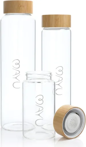 mayu Premium Borosilicate Glass Water Bottles with Bamboo Lid for Travel, Everyday Use or Storage Container - 3 Size Bundle | Eco Friendly & BPA Free