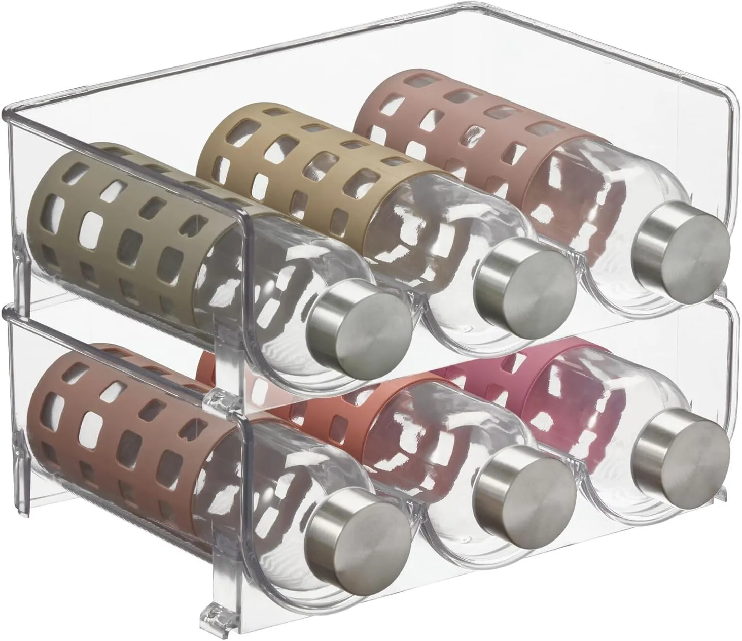 mDesign Stackable Plastic 3 Bottle Refrigerator Wine Rack - Kitchen Storage Organizer for Champagne, Wine or Water Bottles - Stacking Wine Organizer for Fridge - Ligne Collection - 2 Pack - Clear