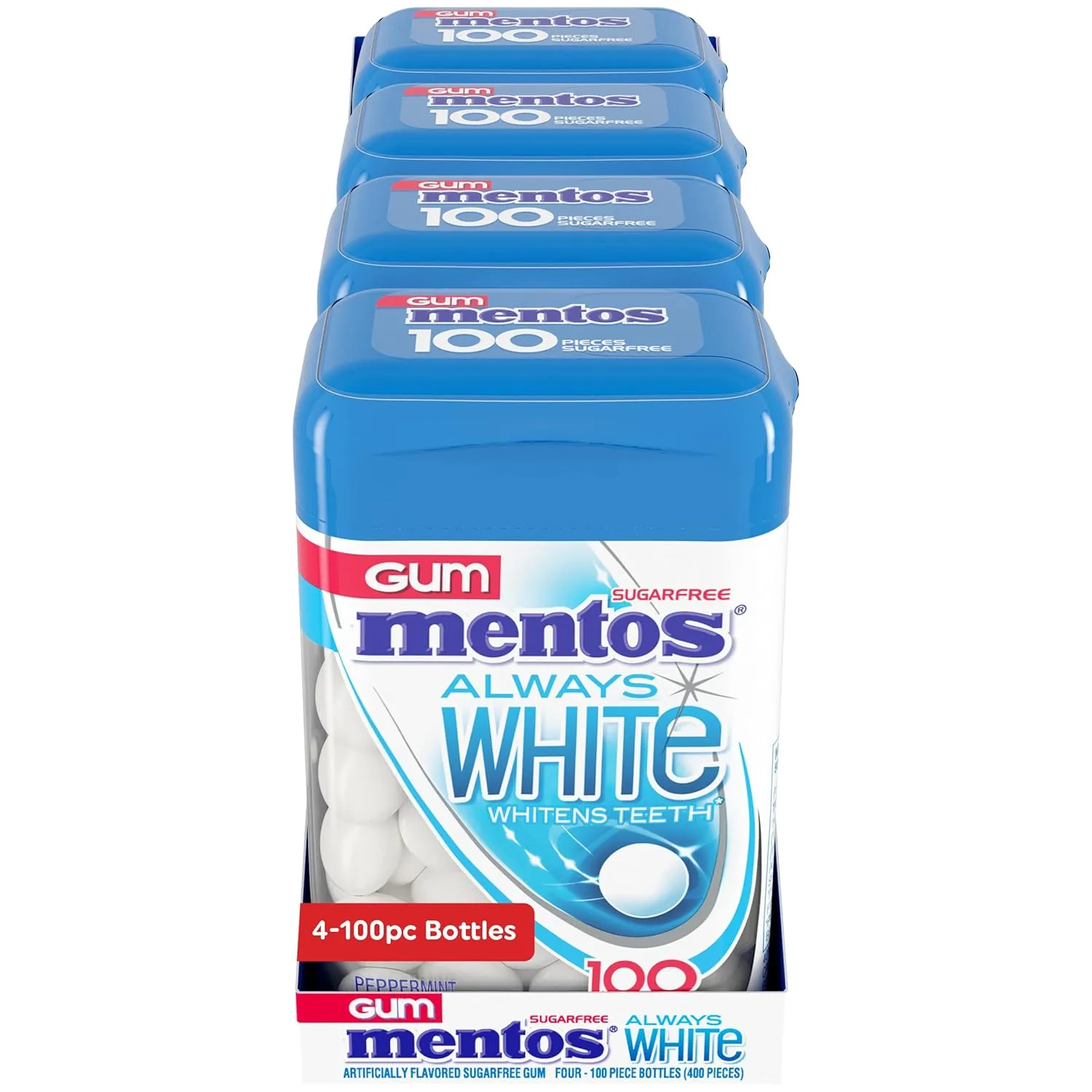 Mentos Always White Peppermint Sugar Free Gum with Xylitol Sweetener, 100 Count Bottle, 4 Bottles
