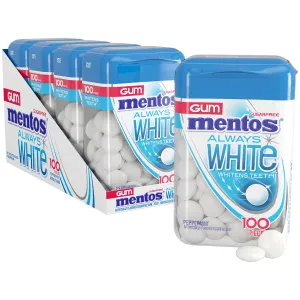 Mentos Always White Peppermint Sugar Free Gum with Xylitol Sweetener, 100 Count Bottle, 4 Bottles