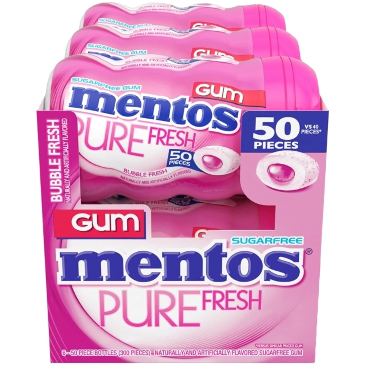 Mentos Pure Fresh Sugar-Free Chewing Gum with Xylitol, Bubble Fresh Flavor, Bubble Gum, 50 Piece Bottle (Bulk Pack of 6)