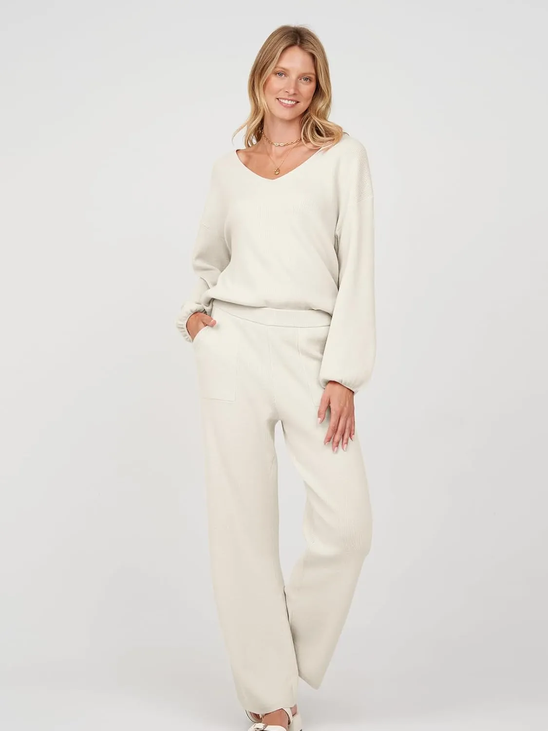 MEROKEETY Women's 2 Piece Outfits Long Sleeve V Neck Knit Pullover Tops and Wide Leg Pant Lounge Set