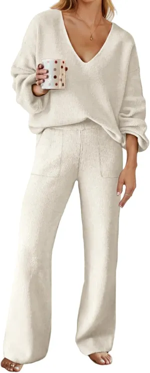 MEROKEETY Women's 2 Piece Outfits Long Sleeve V Neck Knit Pullover Tops and Wide Leg Pant Lounge Set