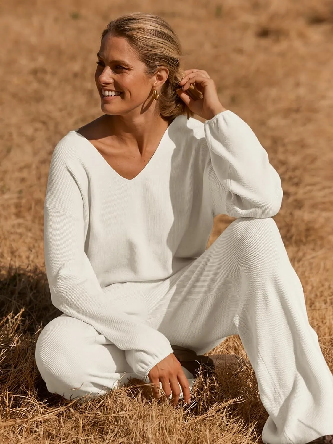 MEROKEETY Women's 2 Piece Outfits Long Sleeve V Neck Knit Pullover Tops and Wide Leg Pant Lounge Set
