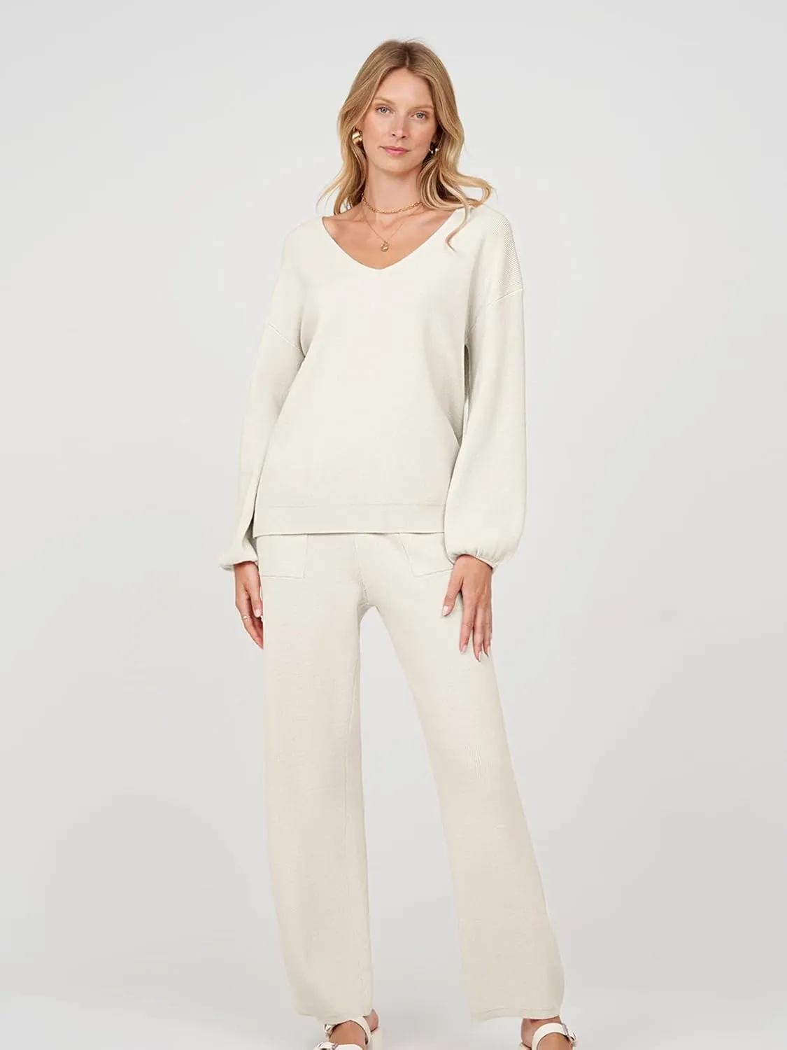 MEROKEETY Women's 2 Piece Outfits Long Sleeve V Neck Knit Pullover Tops and Wide Leg Pant Lounge Set