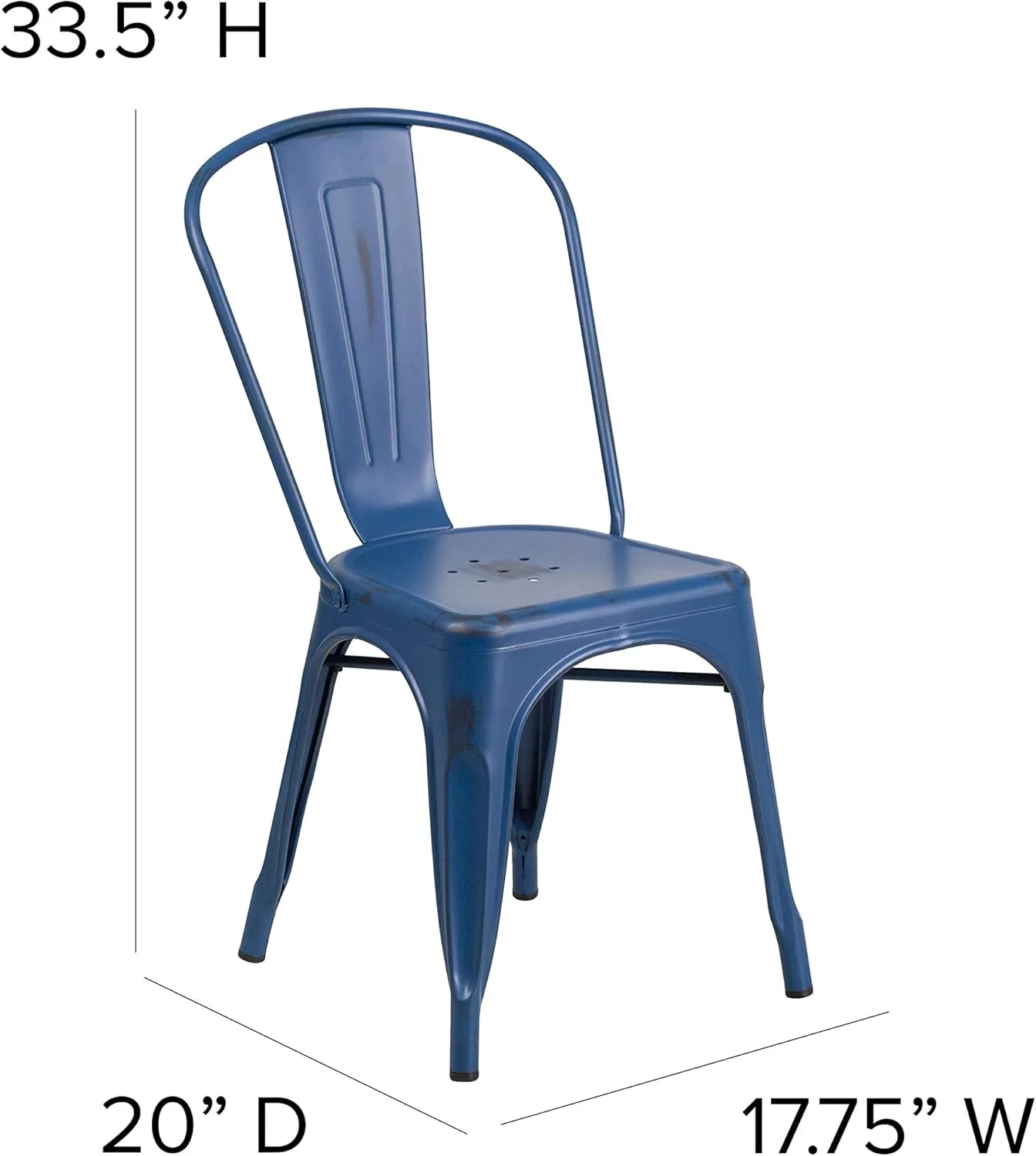 Merrick Lane Banks Stacking Dining Chair - Antique Blue Metal Frame - Distressed Powder Coated Finish - Curved Slat Back - 500 lb. Static Weight Capacity