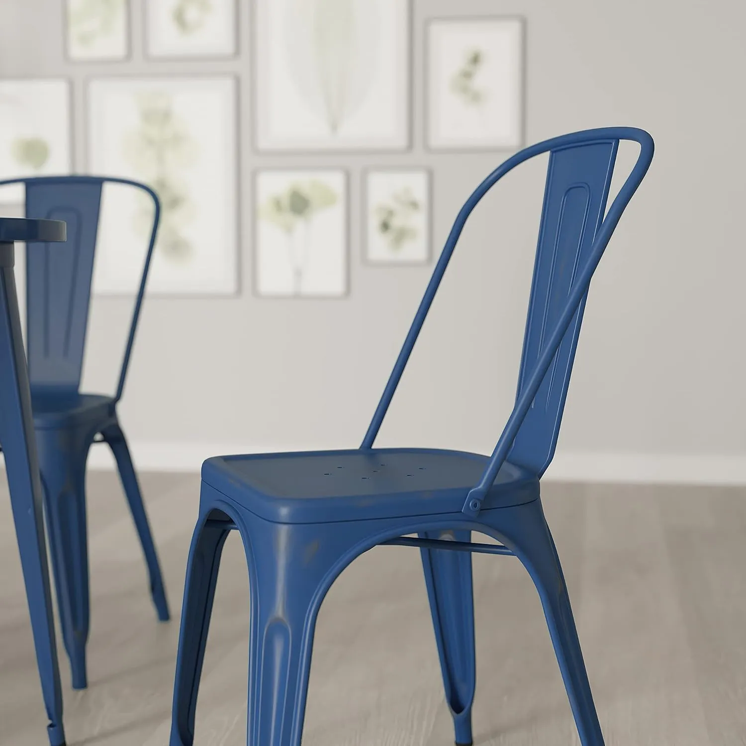 Merrick Lane Banks Stacking Dining Chair - Antique Blue Metal Frame - Distressed Powder Coated Finish - Curved Slat Back - 500 lb. Static Weight Capacity