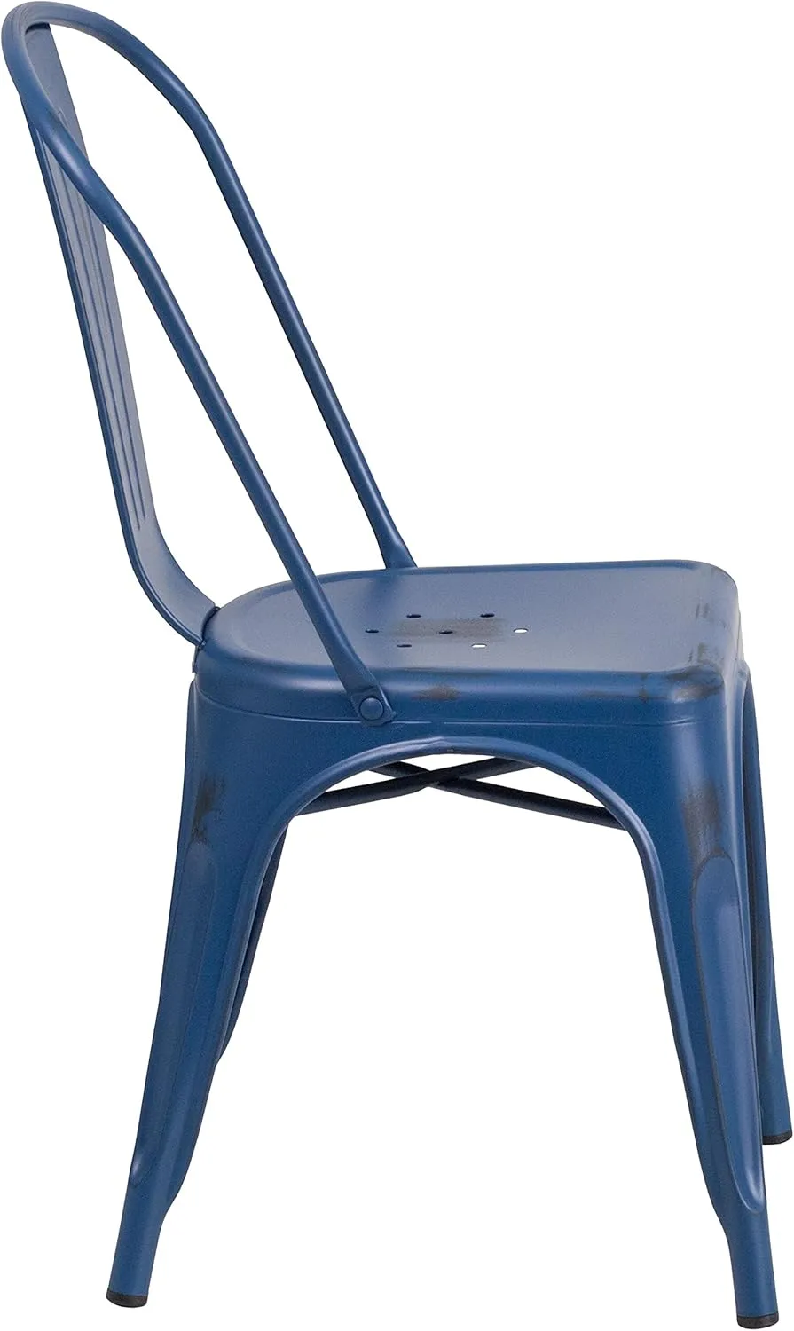 Merrick Lane Banks Stacking Dining Chair - Antique Blue Metal Frame - Distressed Powder Coated Finish - Curved Slat Back - 500 lb. Static Weight Capacity