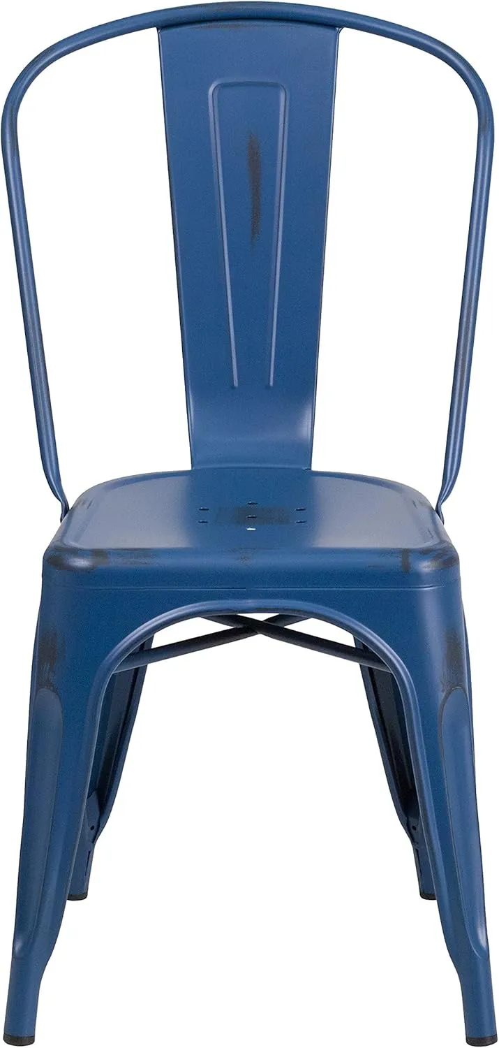 Merrick Lane Banks Stacking Dining Chair - Antique Blue Metal Frame - Distressed Powder Coated Finish - Curved Slat Back - 500 lb. Static Weight Capacity