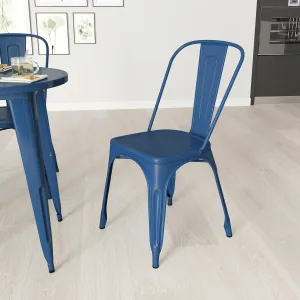 Merrick Lane Banks Stacking Dining Chair - Antique Blue Metal Frame - Distressed Powder Coated Finish - Curved Slat Back - 500 lb. Static Weight Capacity