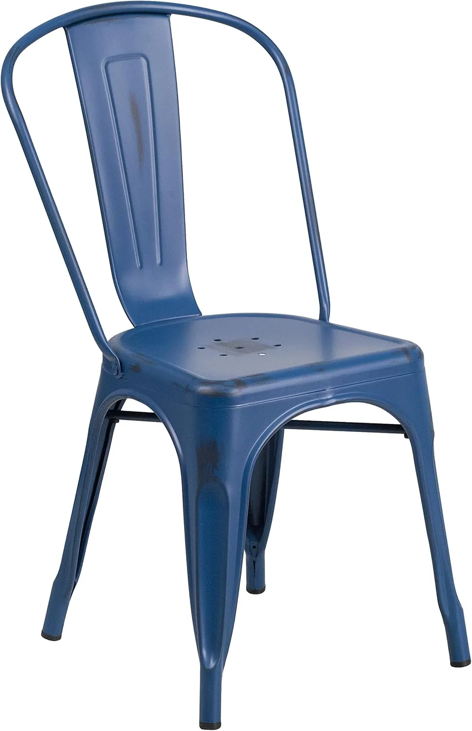 Merrick Lane Banks Stacking Dining Chair - Antique Blue Metal Frame - Distressed Powder Coated Finish - Curved Slat Back - 500 lb. Static Weight Capacity