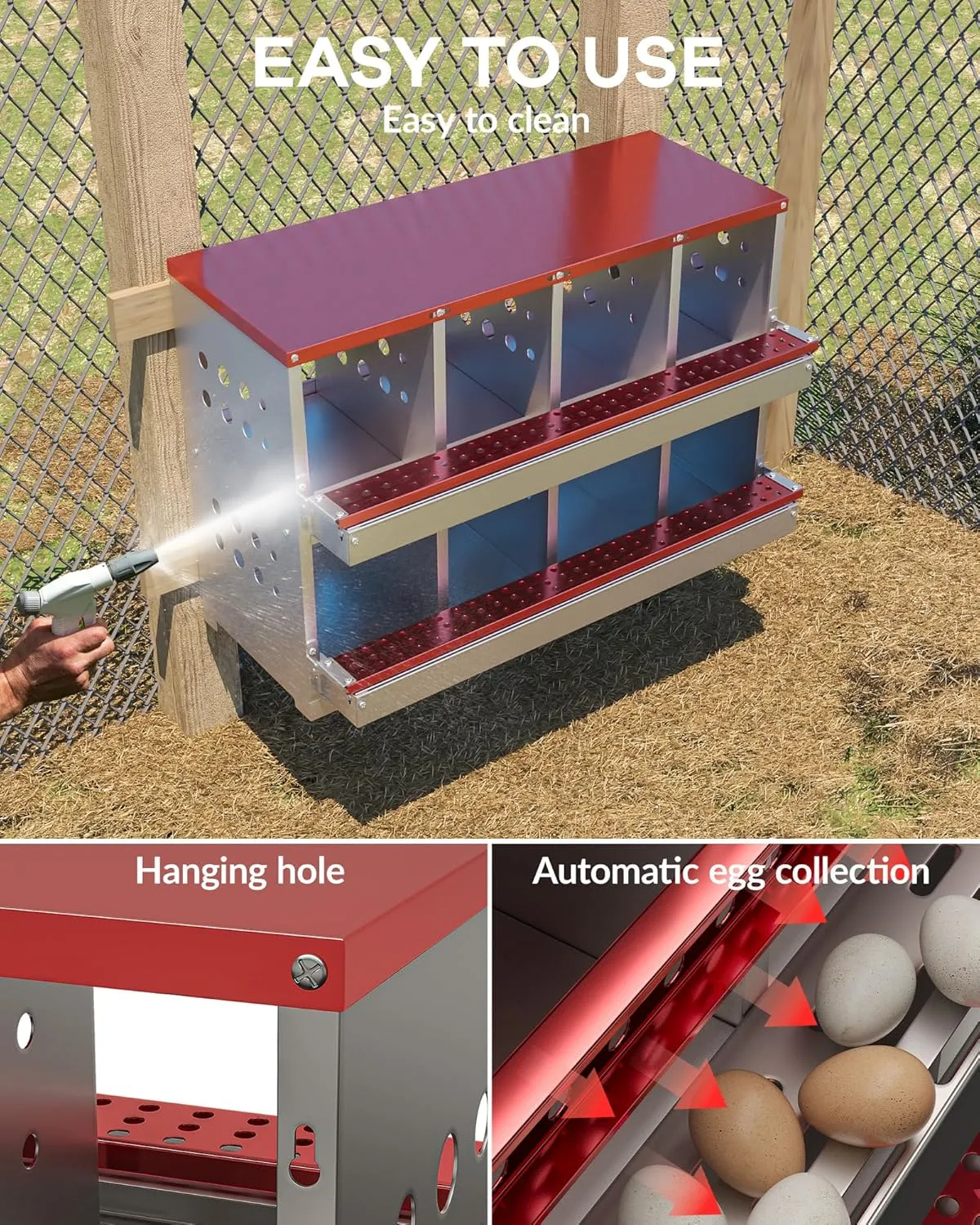 Metal Chicken Nesting Box for Laying Eggs, Rustproof Wall-mountable Roll Away Chicken Laying Boxes for Hens, Waterproof, Ventilated with Perch, 8 Compartments, Red