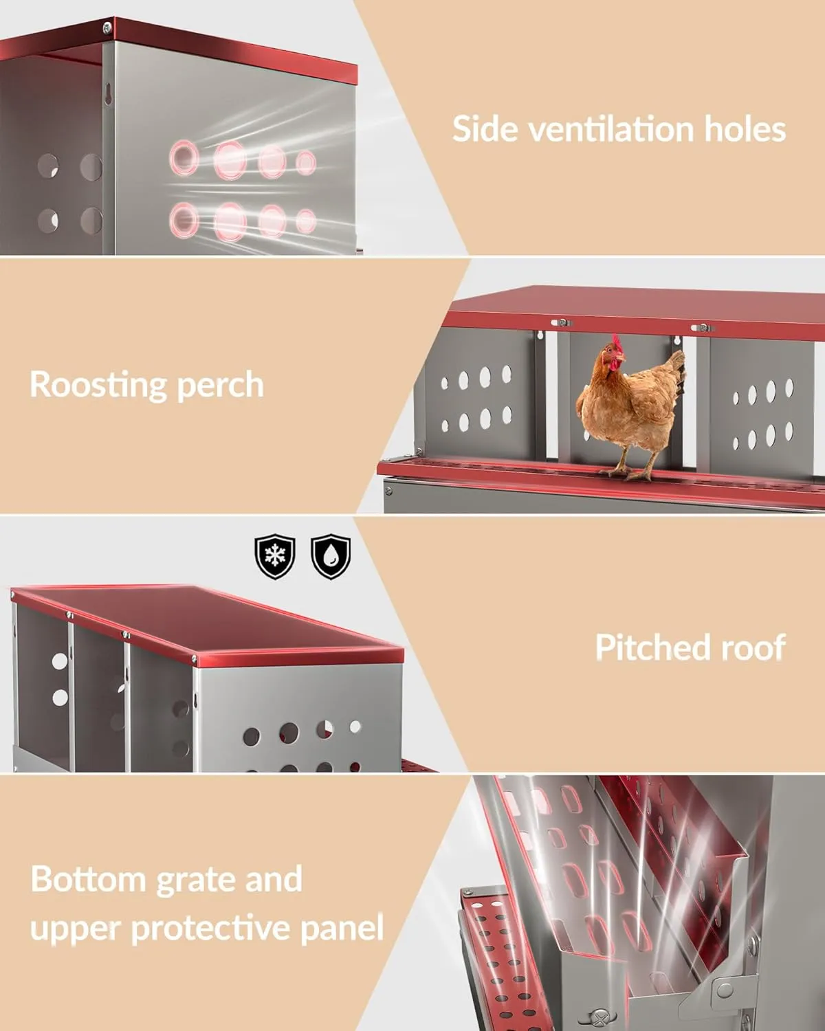 Metal Chicken Nesting Box for Laying Eggs, Rustproof Wall-mountable Roll Away Chicken Laying Boxes for Hens, Waterproof, Ventilated with Perch, 8 Compartments, Red
