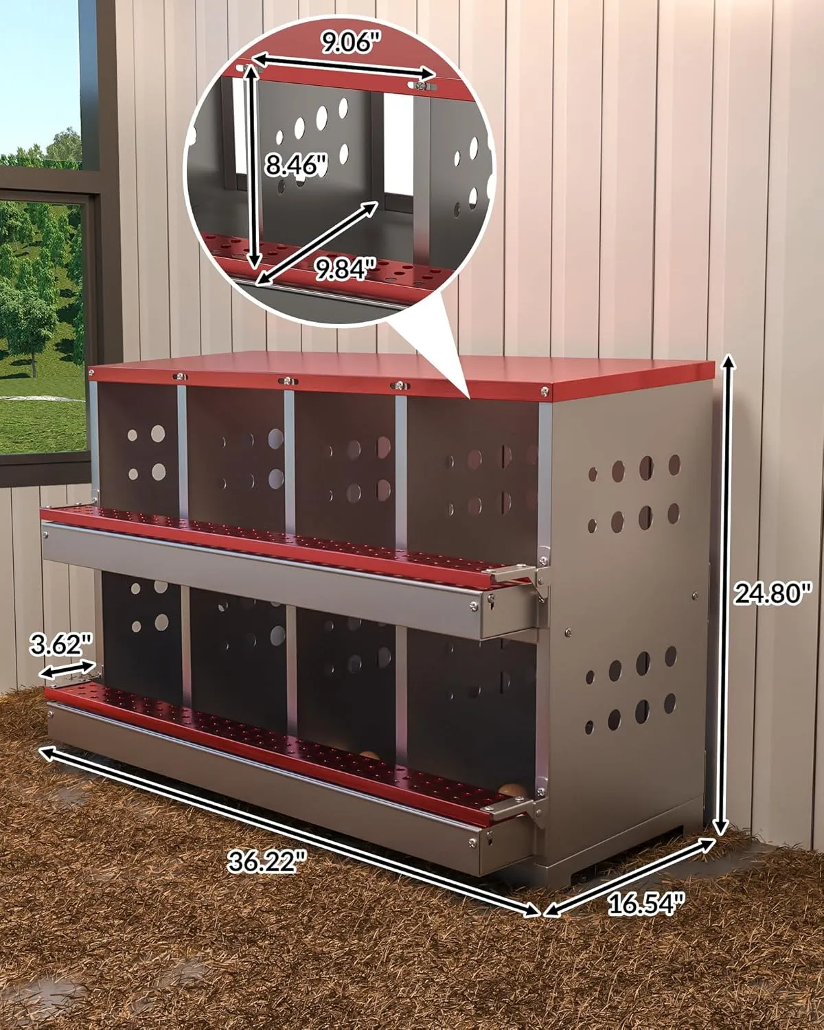 Metal Chicken Nesting Box for Laying Eggs, Rustproof Wall-mountable Roll Away Chicken Laying Boxes for Hens, Waterproof, Ventilated with Perch, 8 Compartments, Red