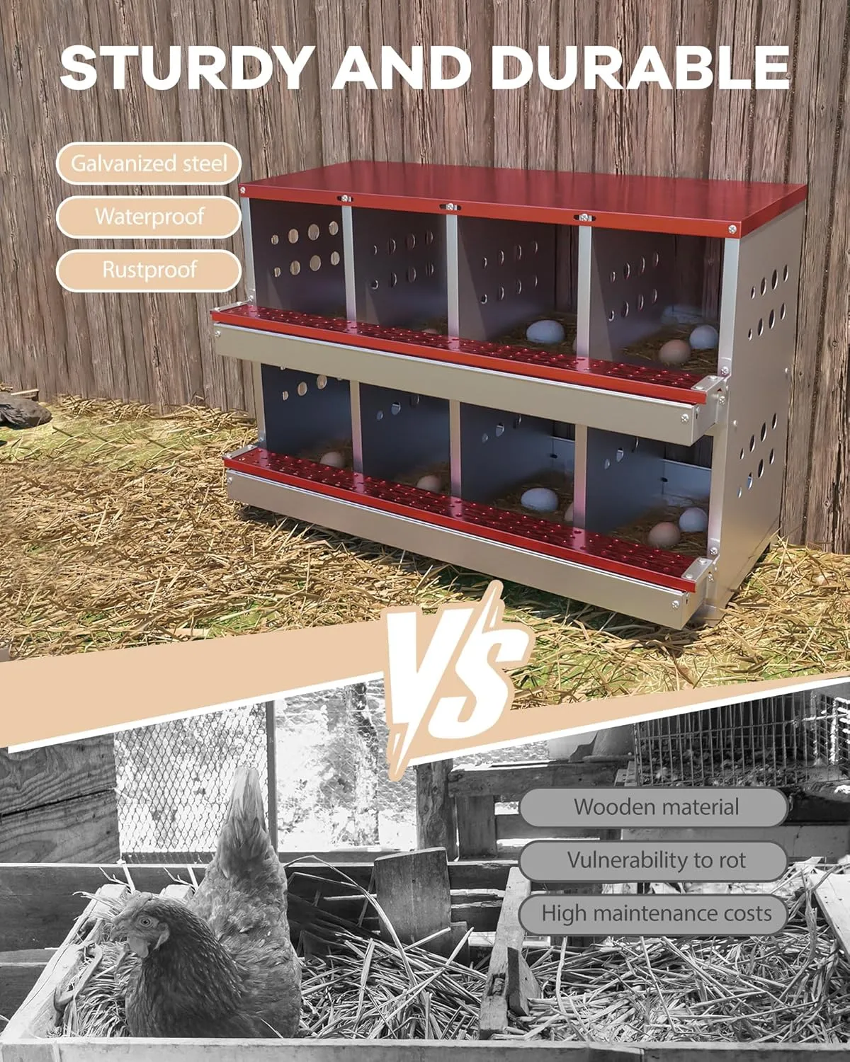 Metal Chicken Nesting Box for Laying Eggs, Rustproof Wall-mountable Roll Away Chicken Laying Boxes for Hens, Waterproof, Ventilated with Perch, 8 Compartments, Red