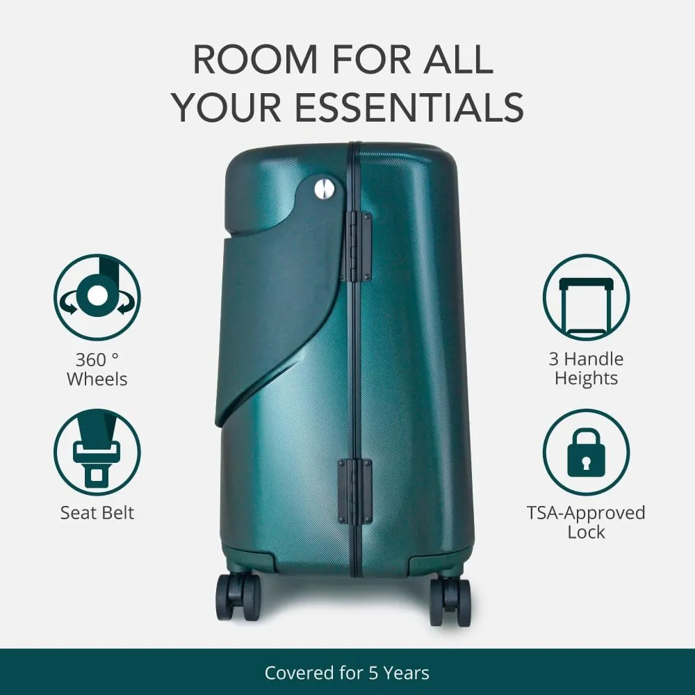 MiaMily 4-Wheel Carry On Luggage with Seat for Kids with Seat Belt, Waterproof Pocket, Adjustable Handle, and Hard Body with 43 Liter Capacity, Forest Green