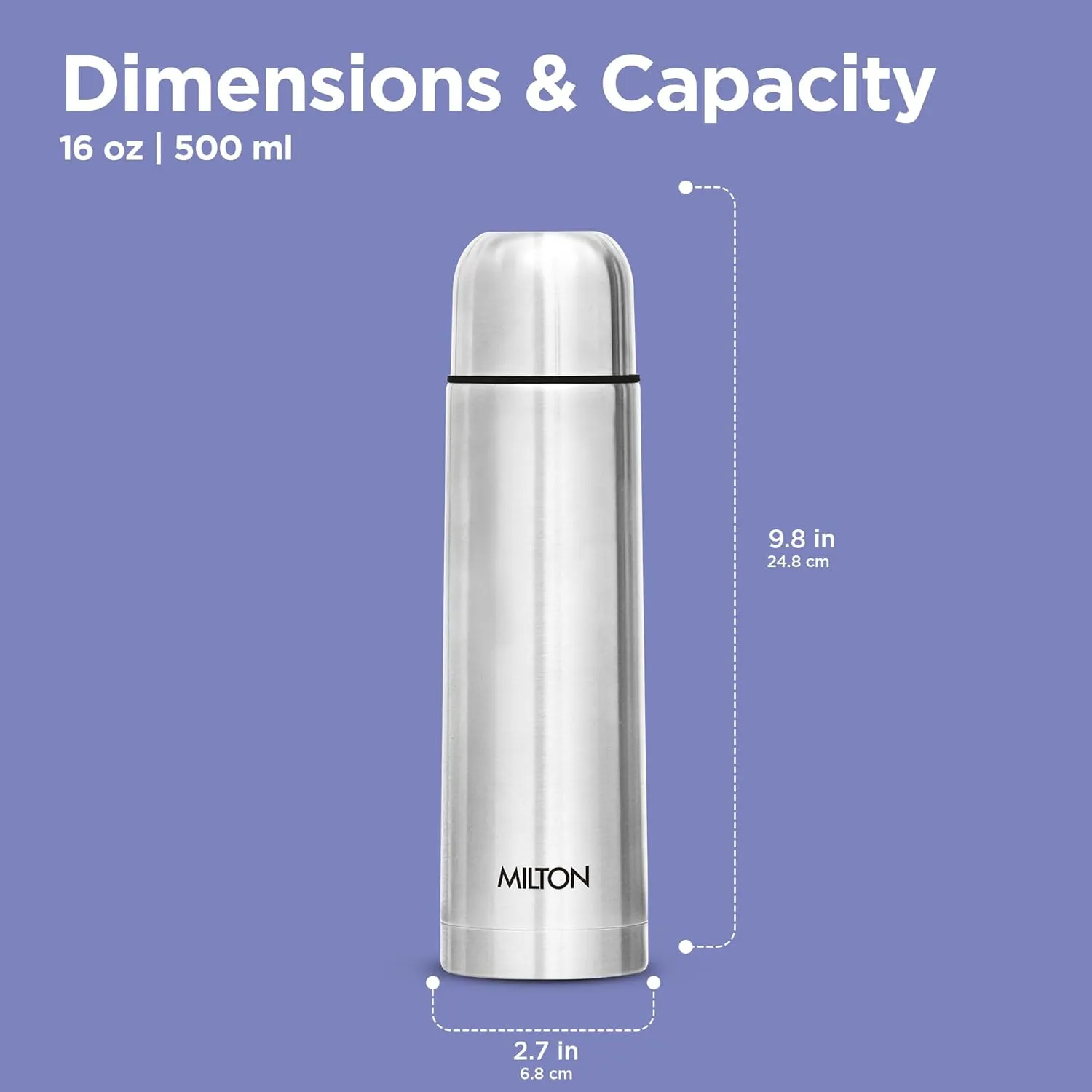 Milton Thermosteel Flip Lid 500, Double Walled Vacuum Insulated Thermos 500 ml | 16 oz | 24 Hours Hot and Cold Water Bottle with Cover, Stainless Steel, BPA Free, Leak Proof | Silver